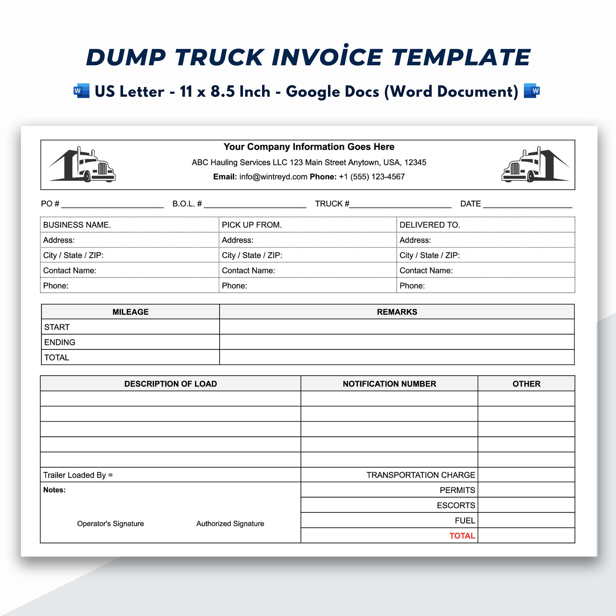 sample truck load invoice template