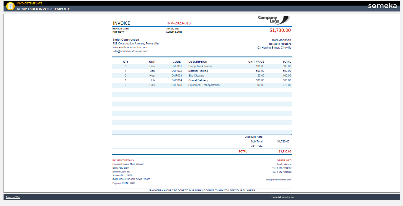 Printable Dump Truck Invoice Template