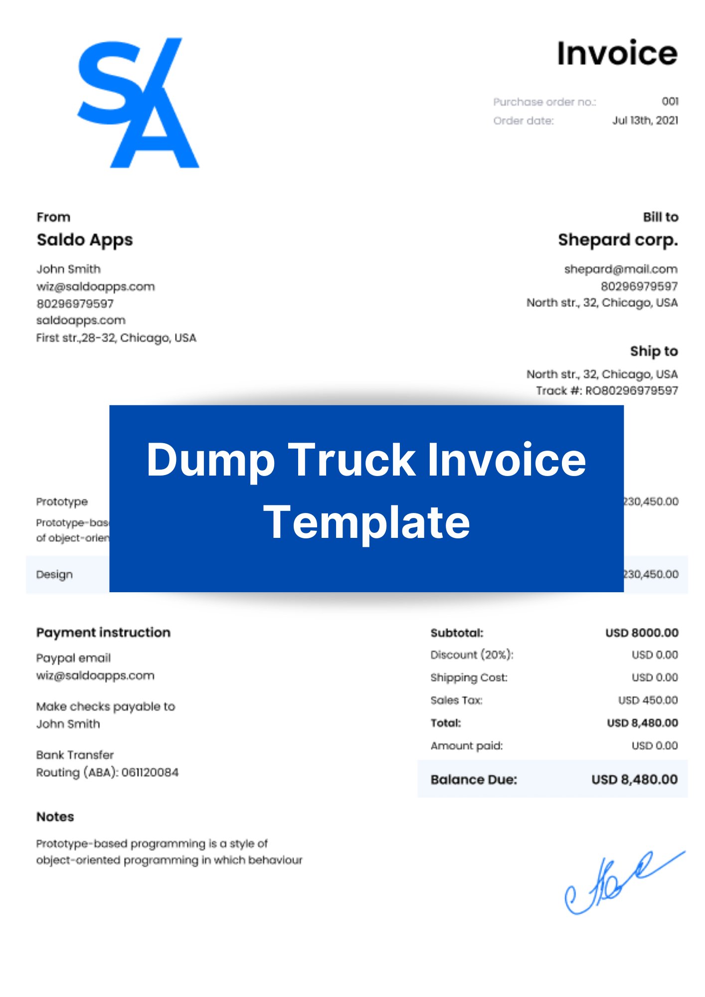 Printable Dump Truck Invoice Template