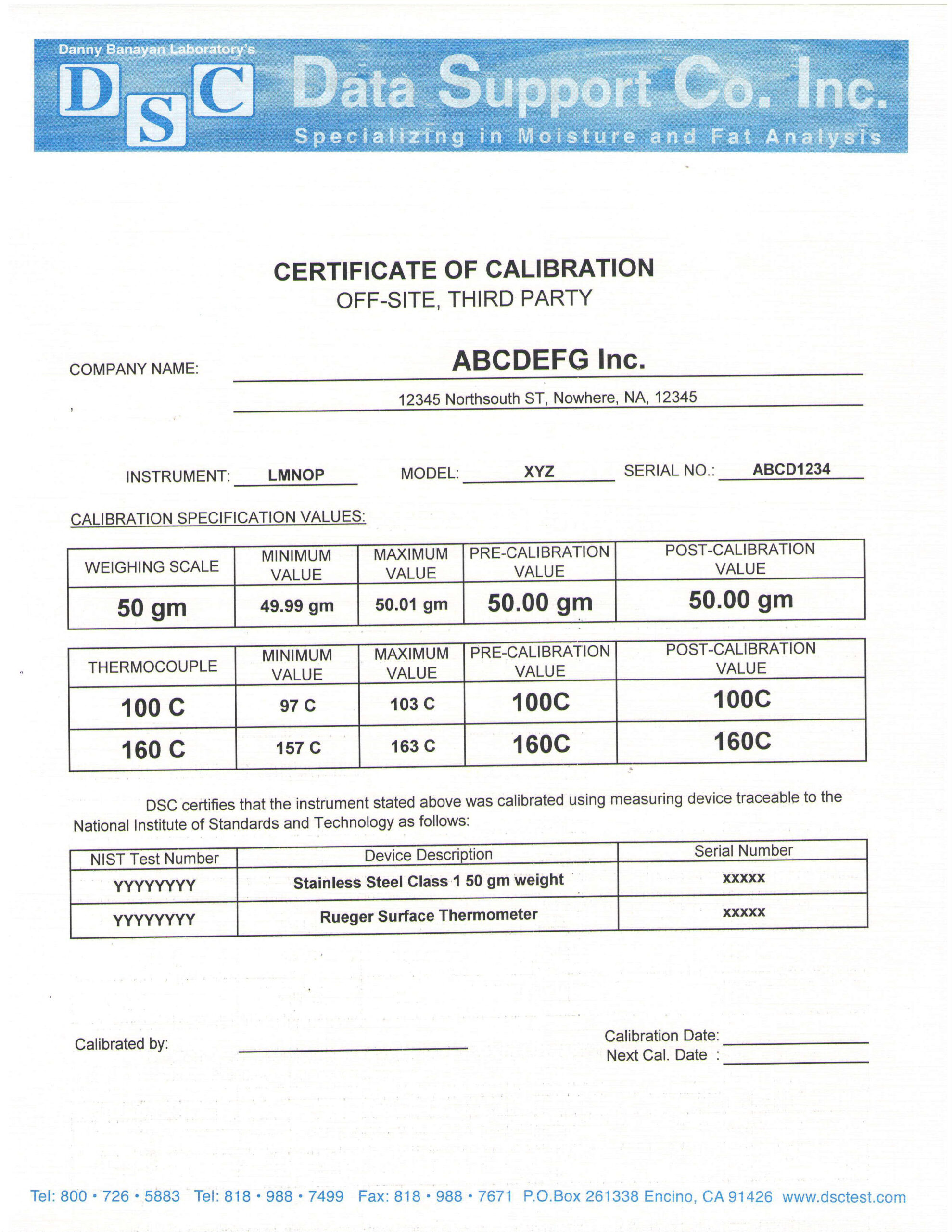 sample Calibration Certificate template