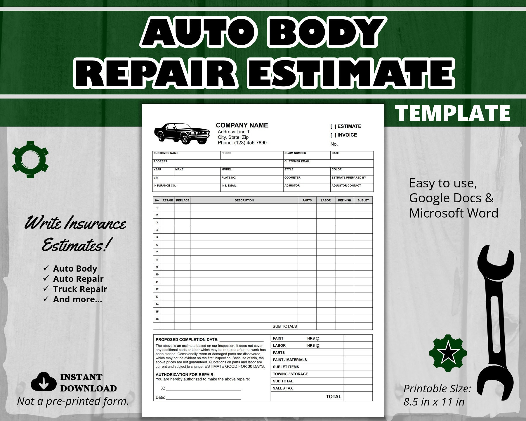 sample body shop estimate template