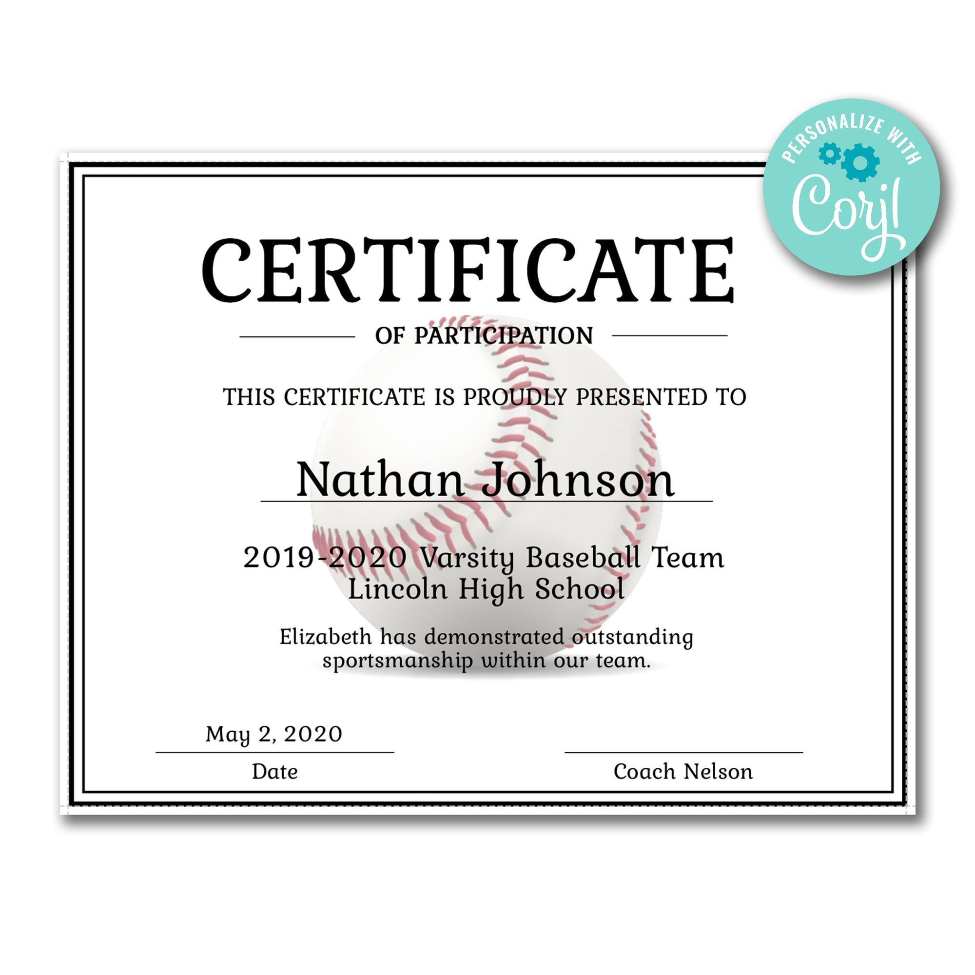 sample Baseball Certificate template