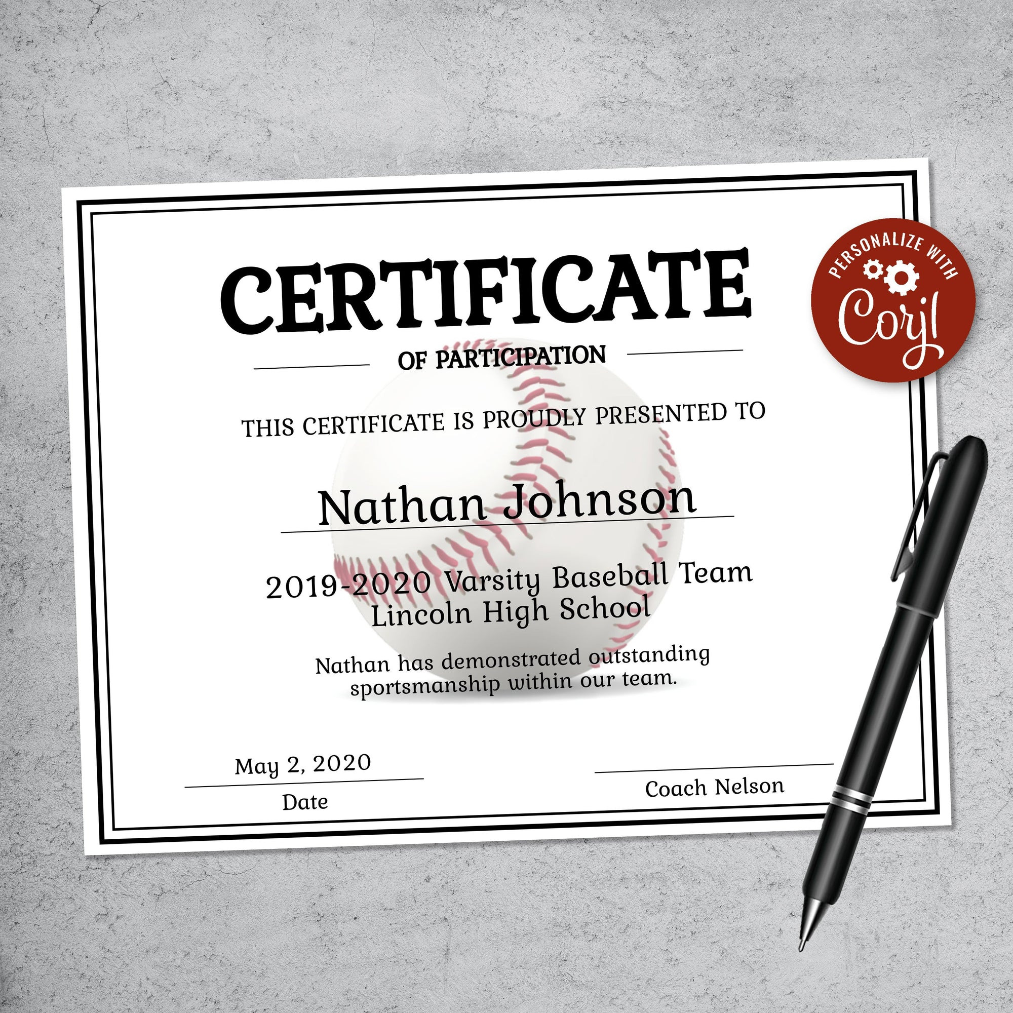 sample Baseball Certificate template