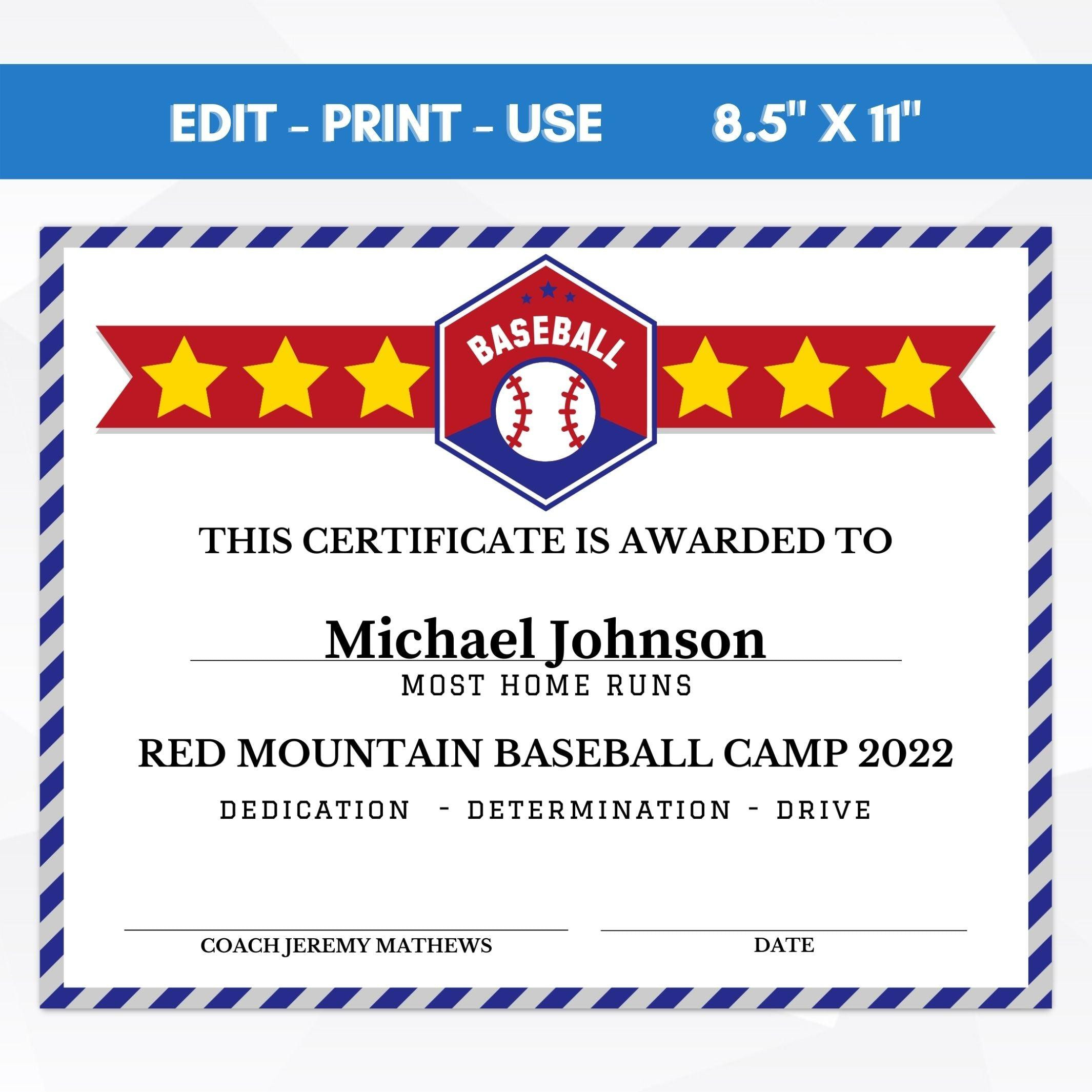 sample Baseball Certificate template