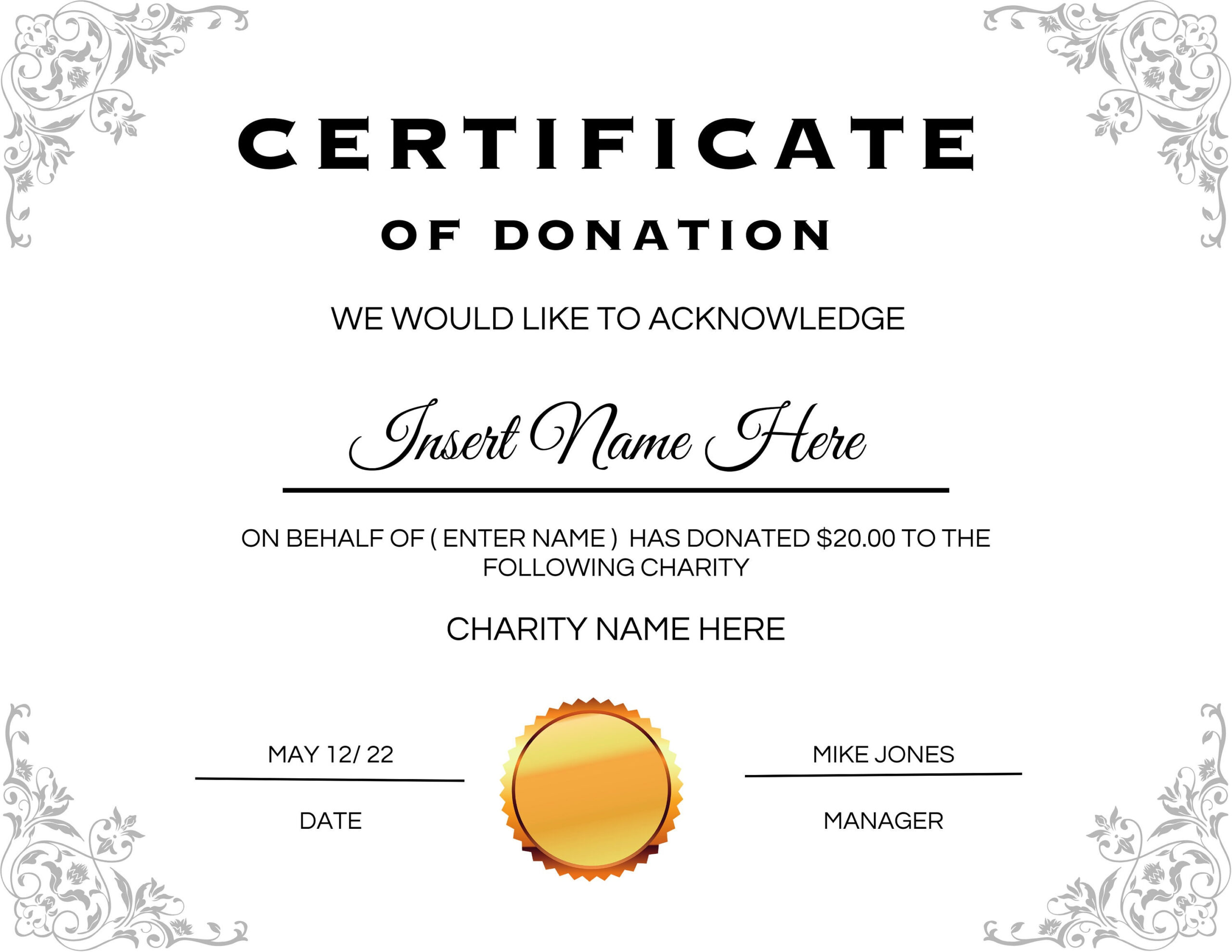 sample Donation Certificate template