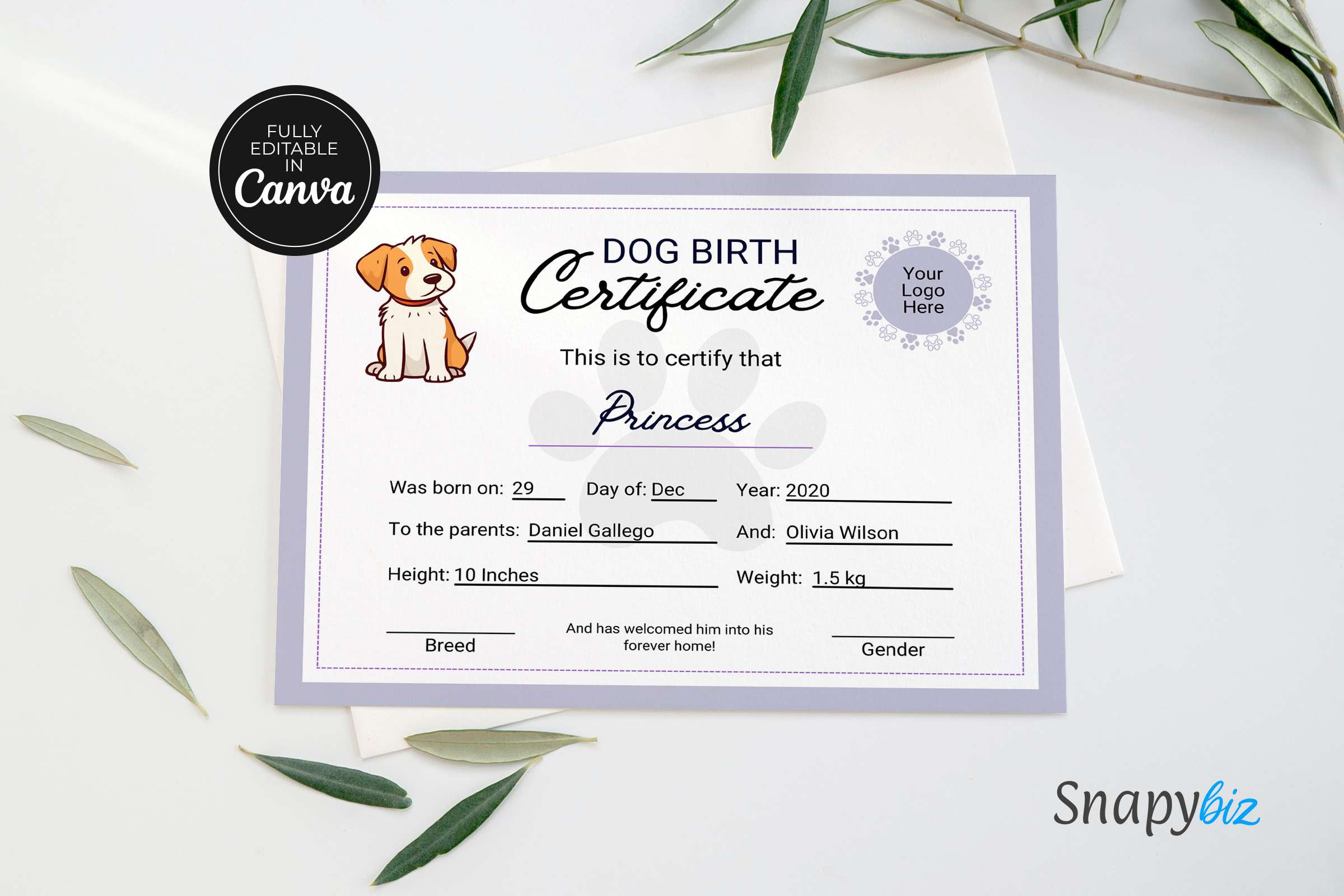 sample dog birth certificate template