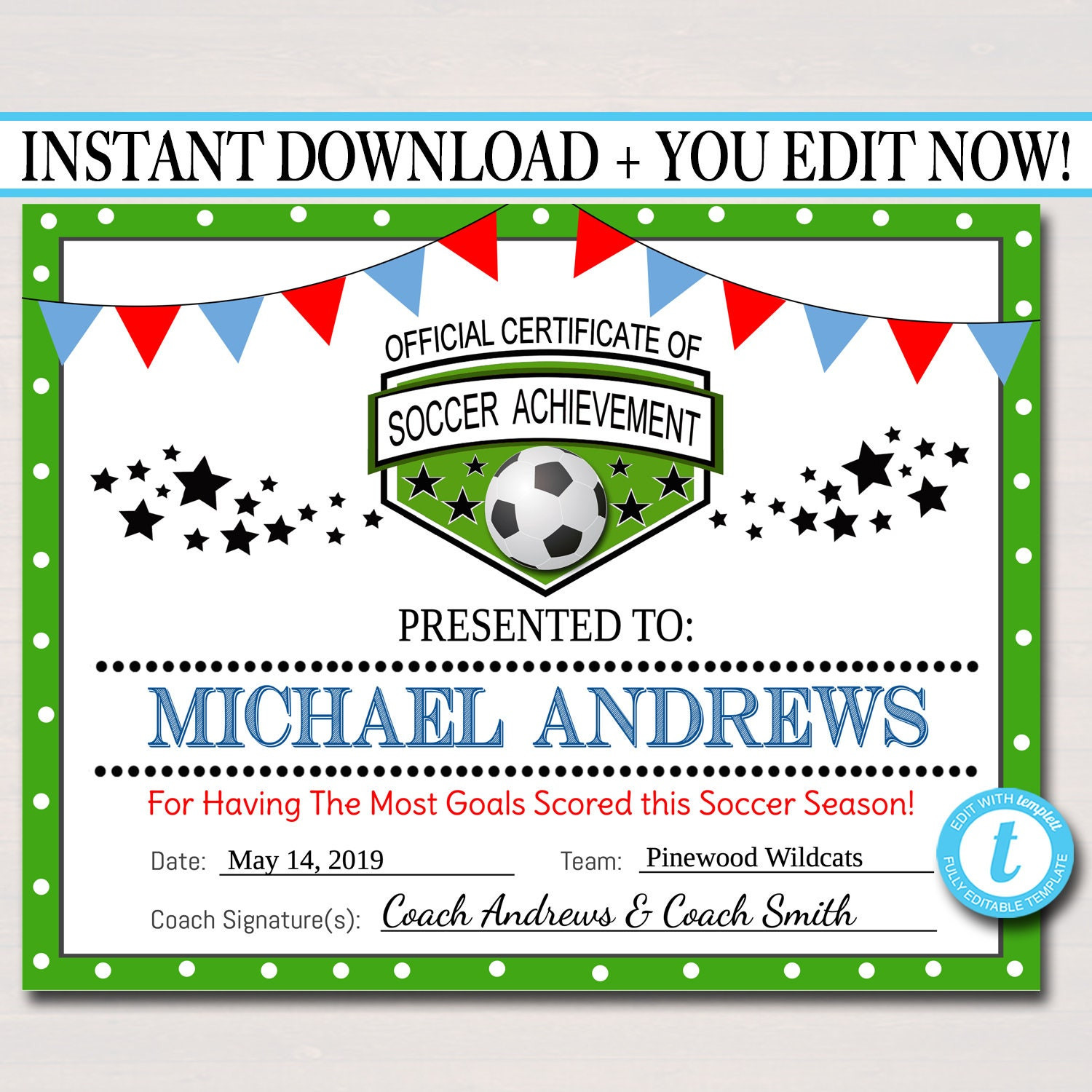 sample soccer award certificate template