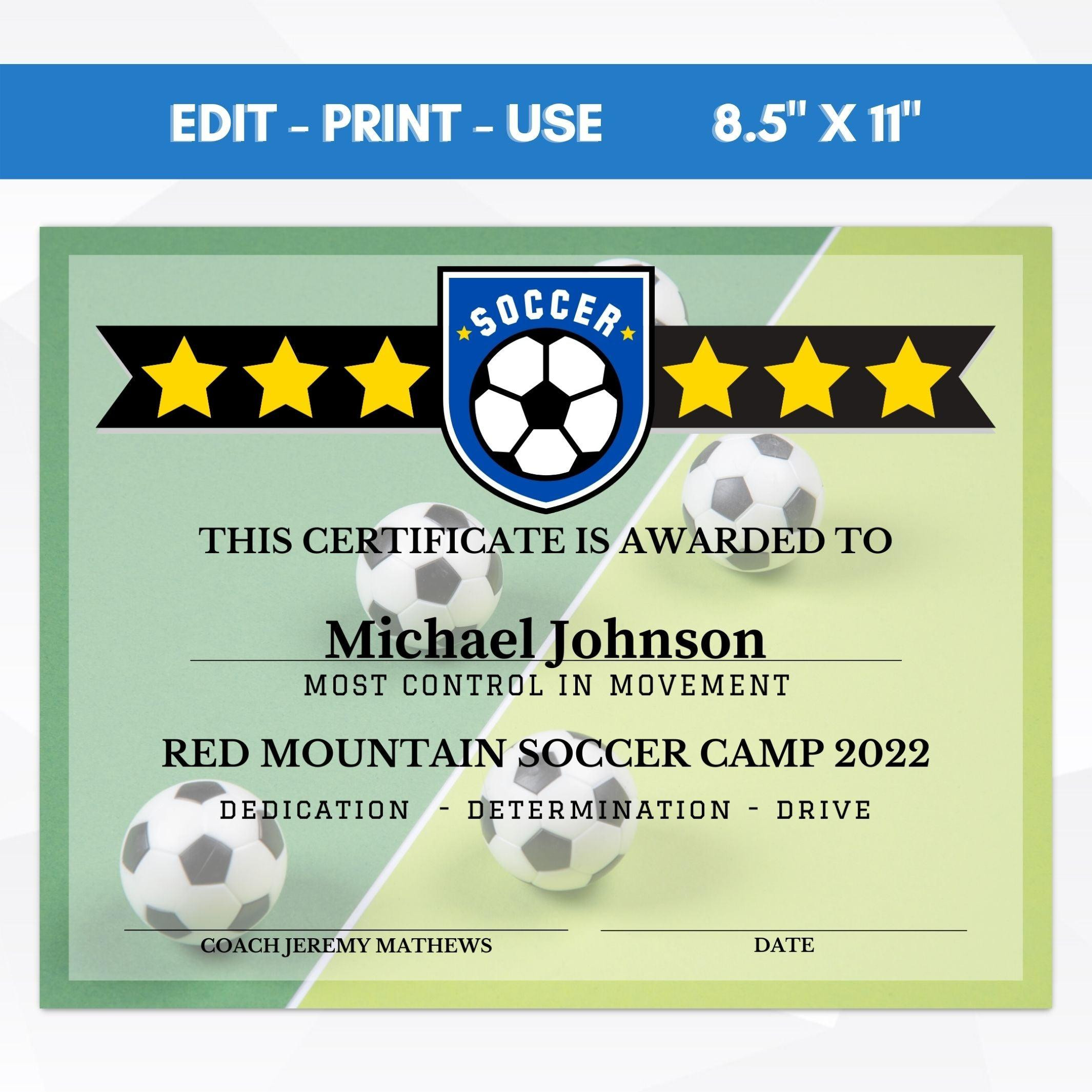 sample soccer award certificate template