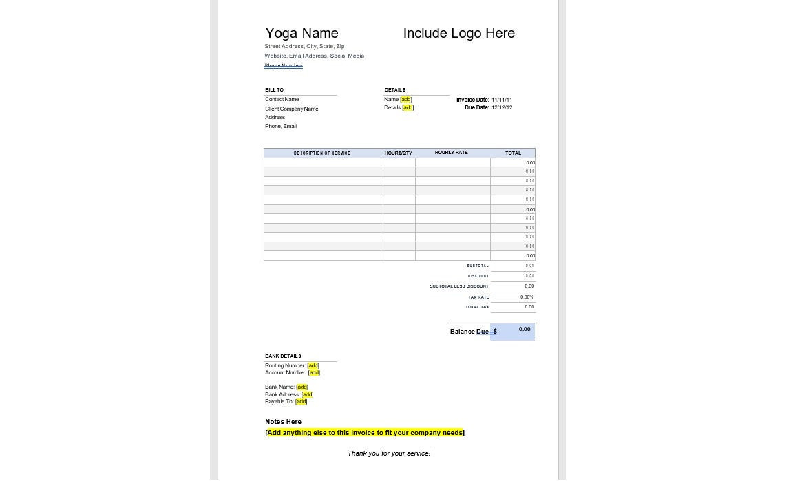 sample yoga invoice template