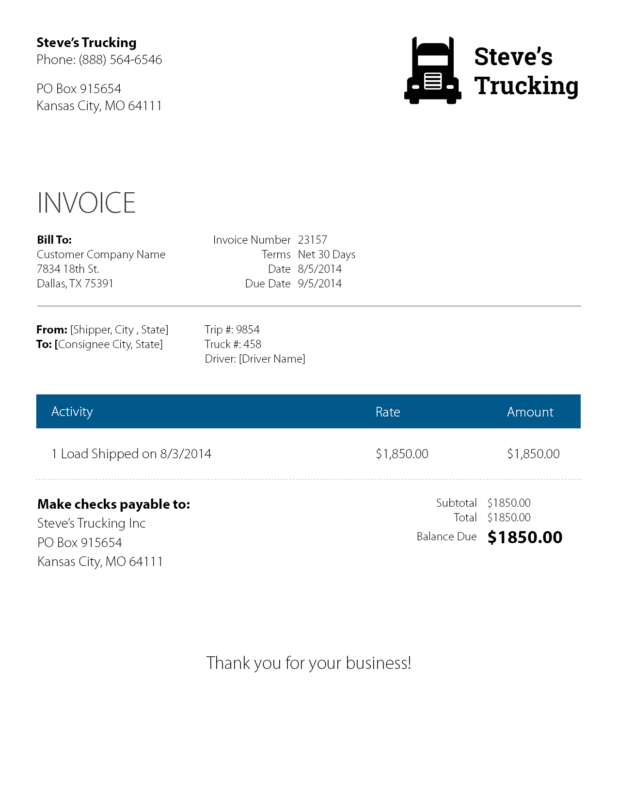 trucking company invoice template