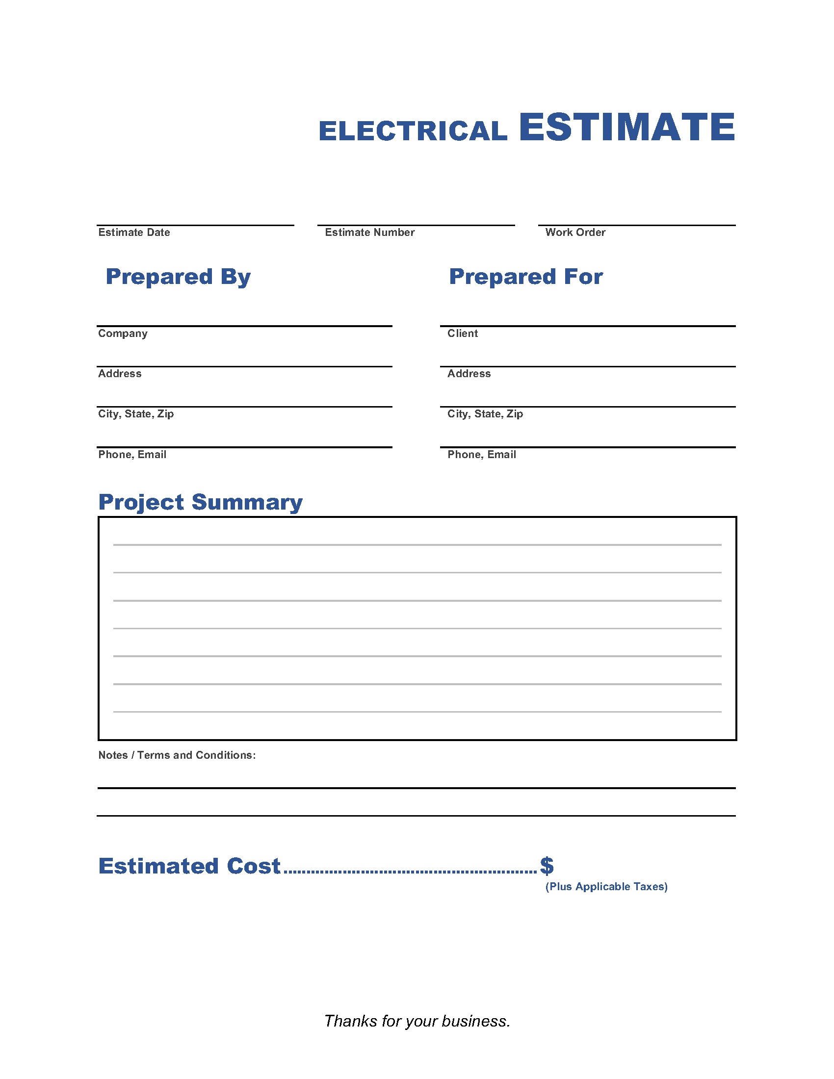 sample electrical estimate template