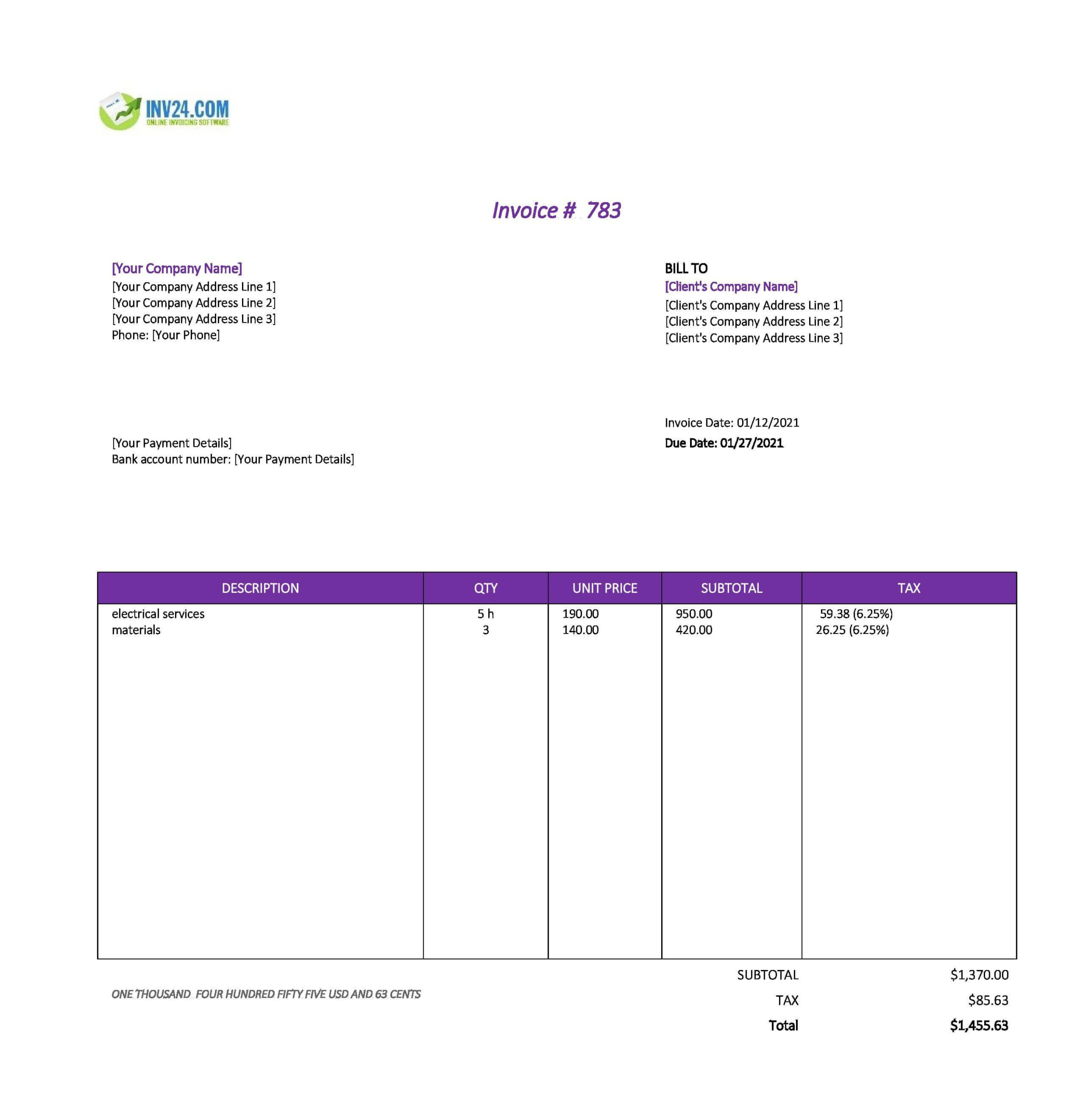 sample electrical invoice template