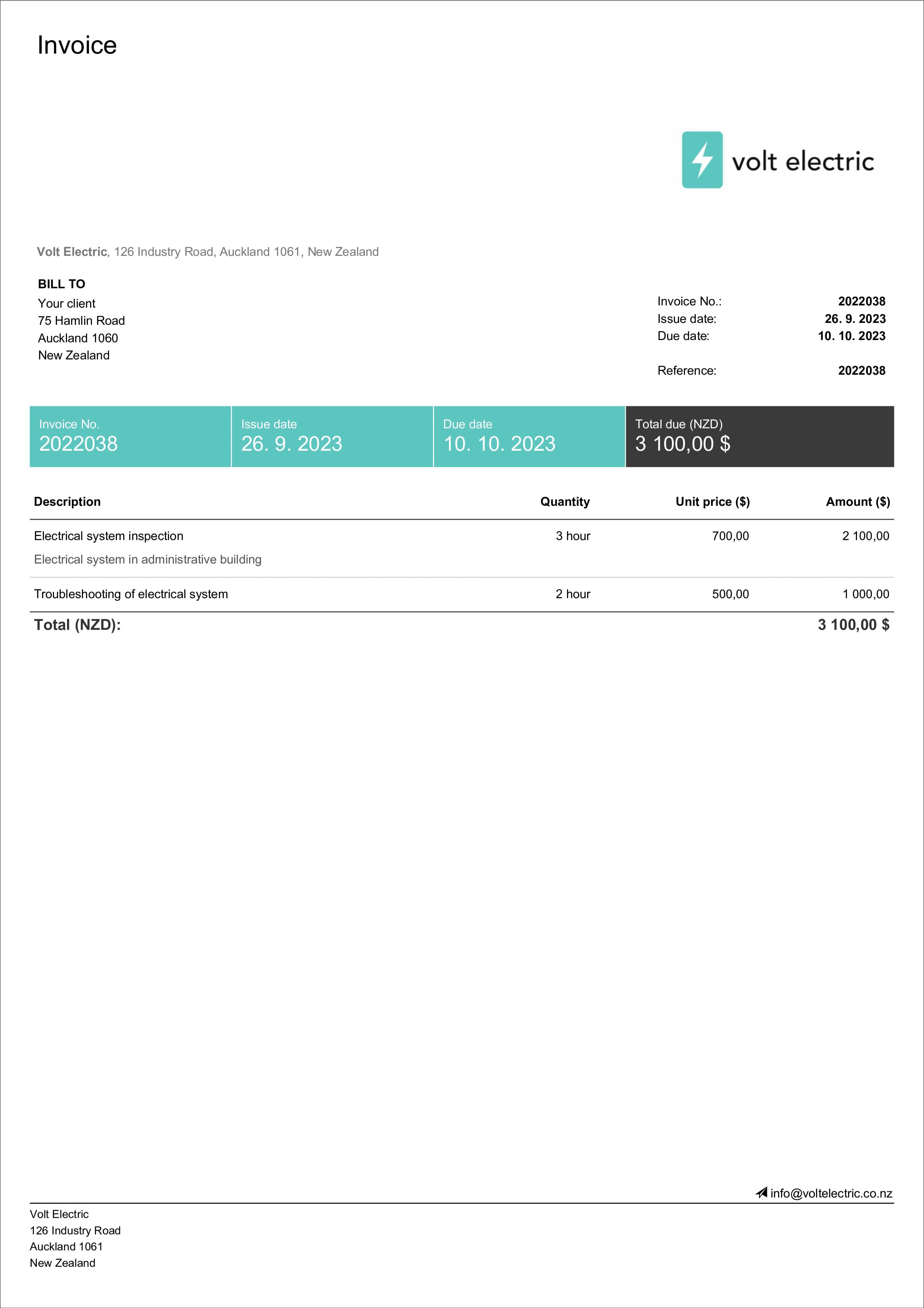 sample electrical invoice template