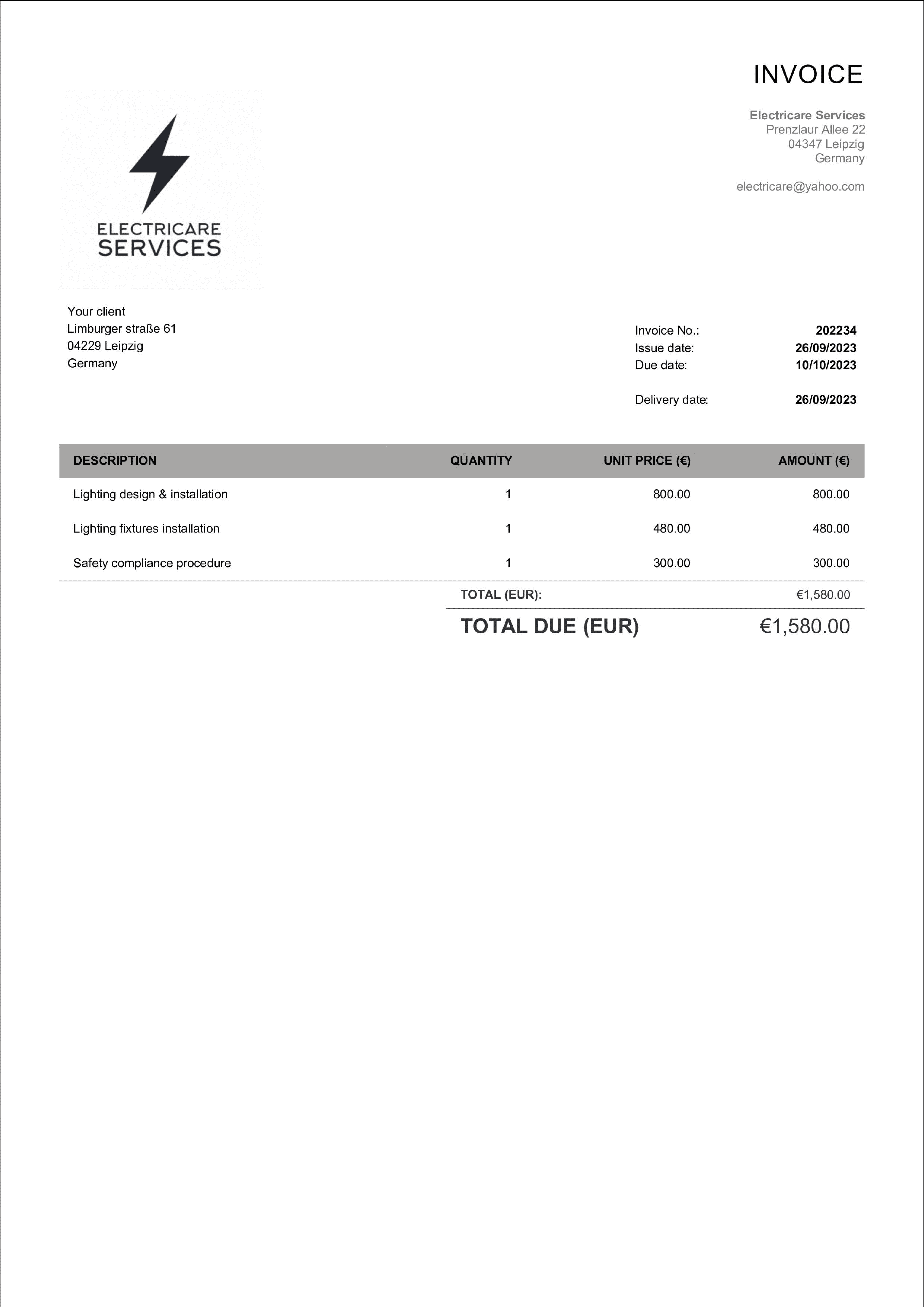 sample electrical invoice template