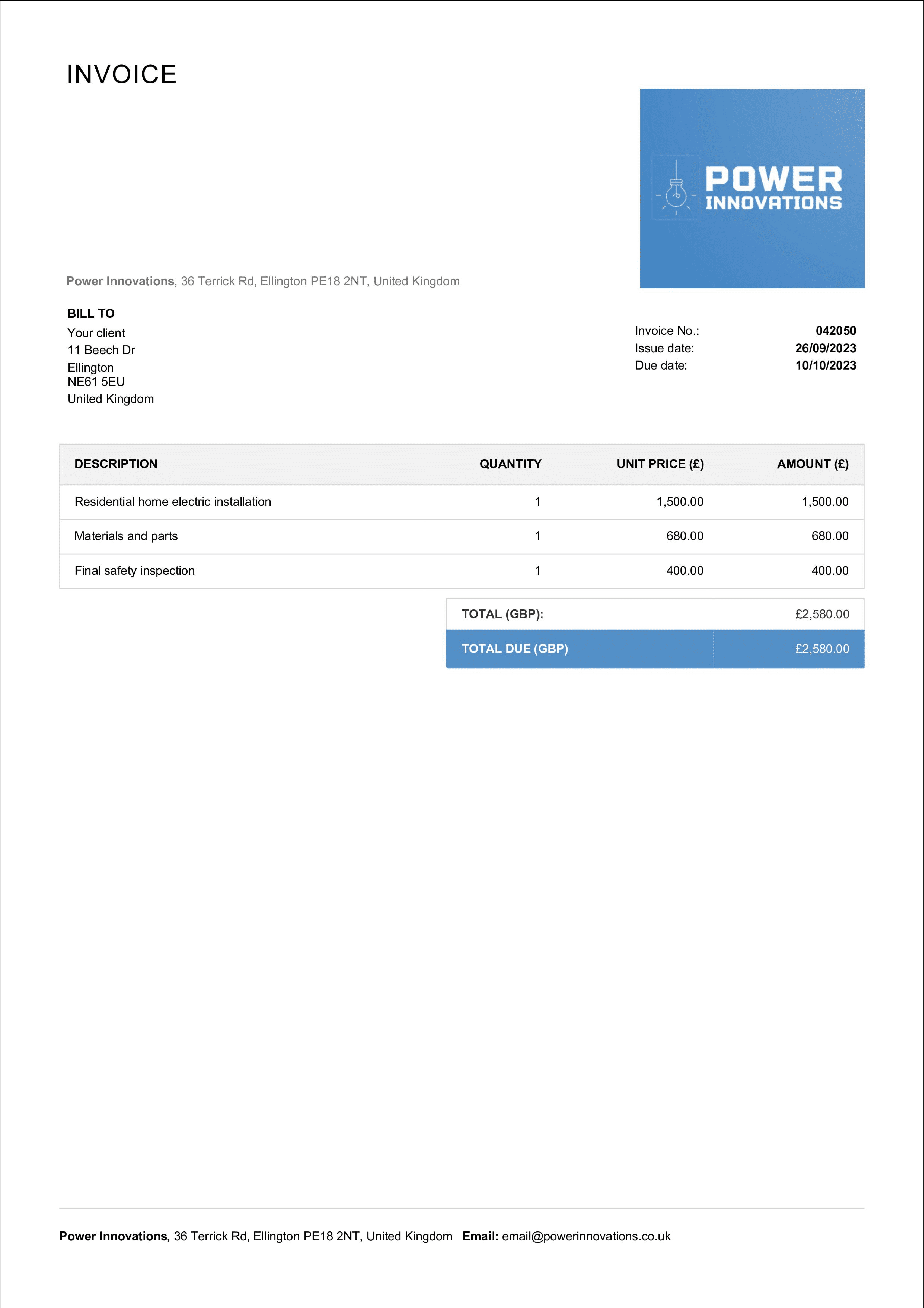 sample electrical invoice template