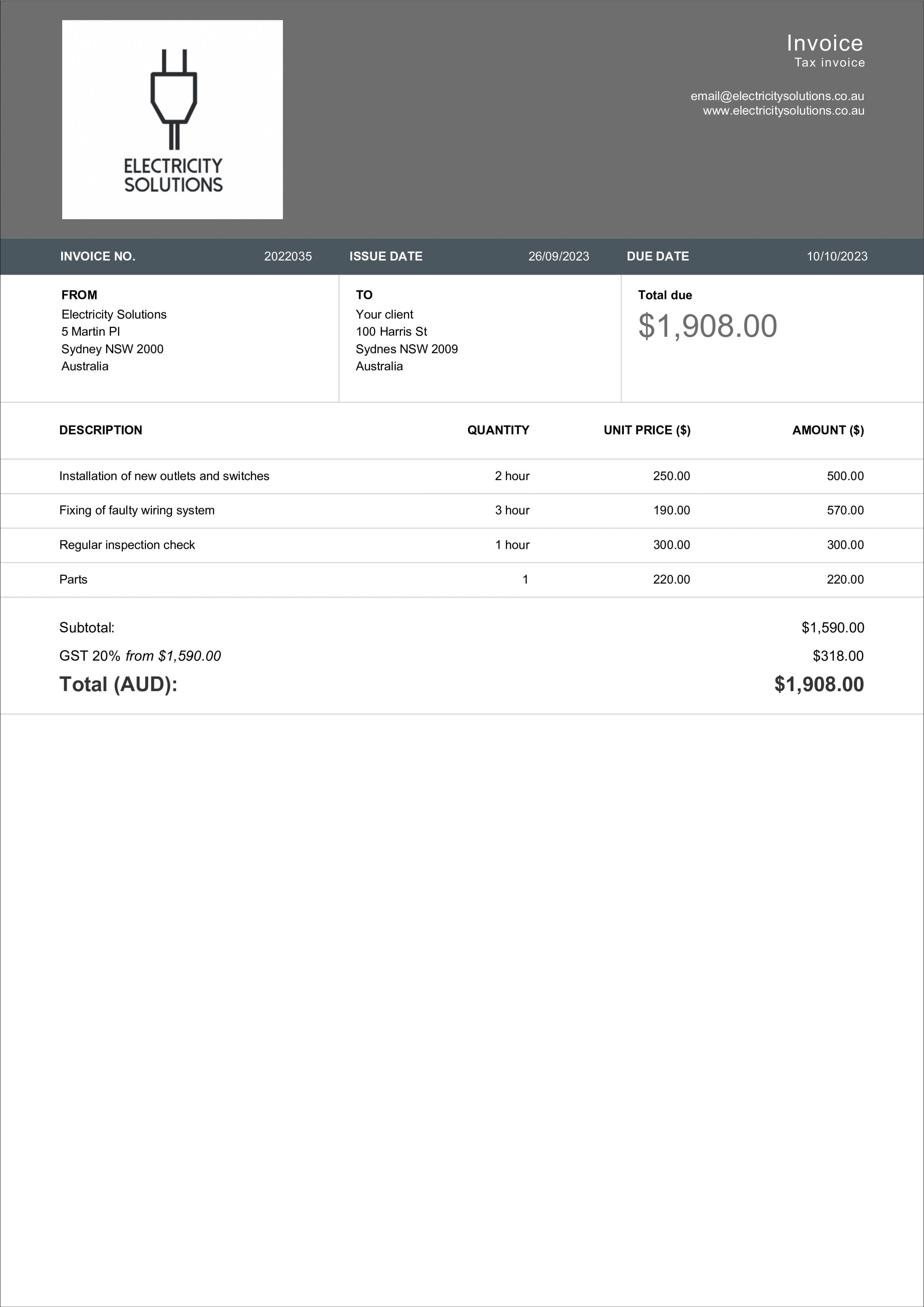 sample electrical contractor invoice template