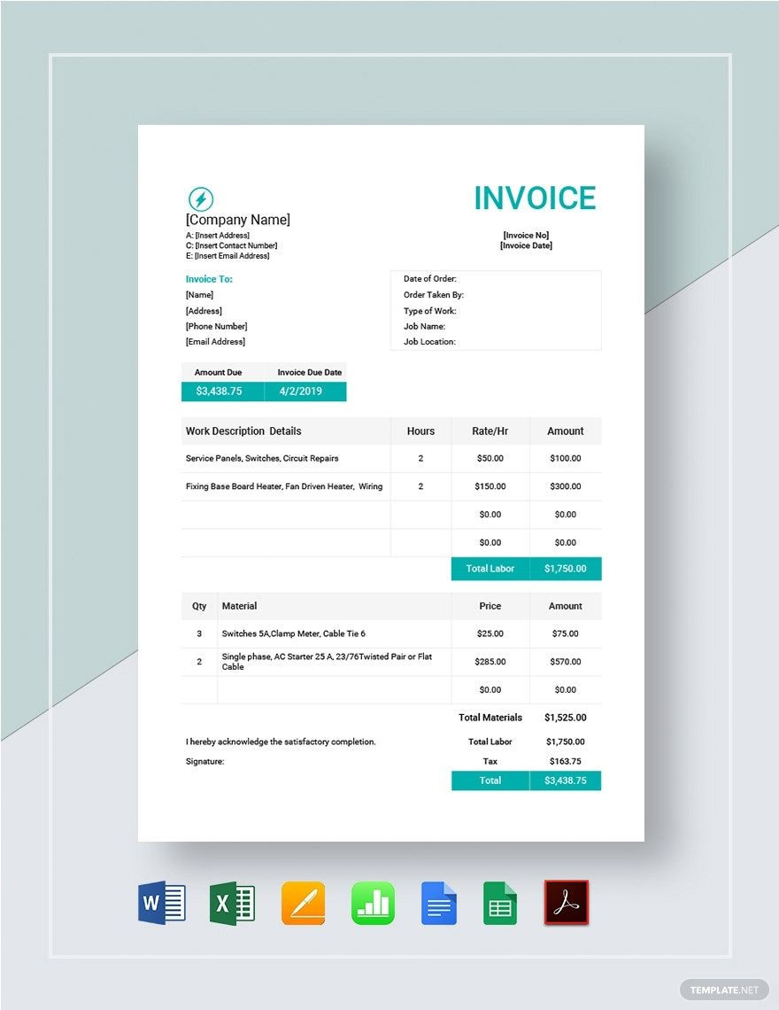 sample electrical contractor invoice template