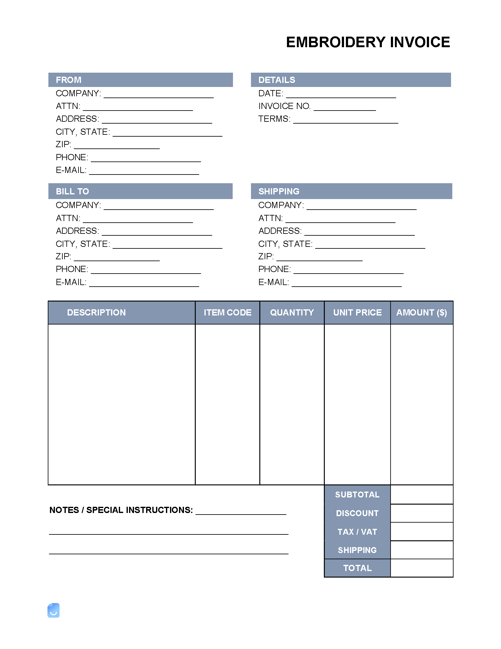 sample embroidery invoice template