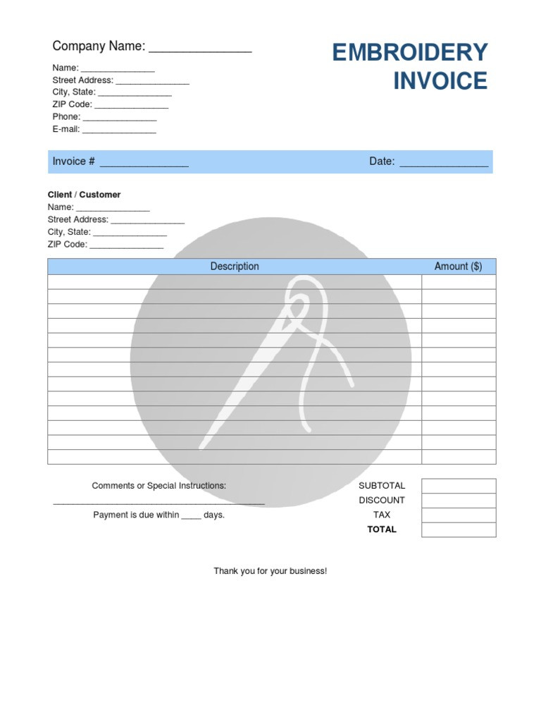 sample embroidery invoice template