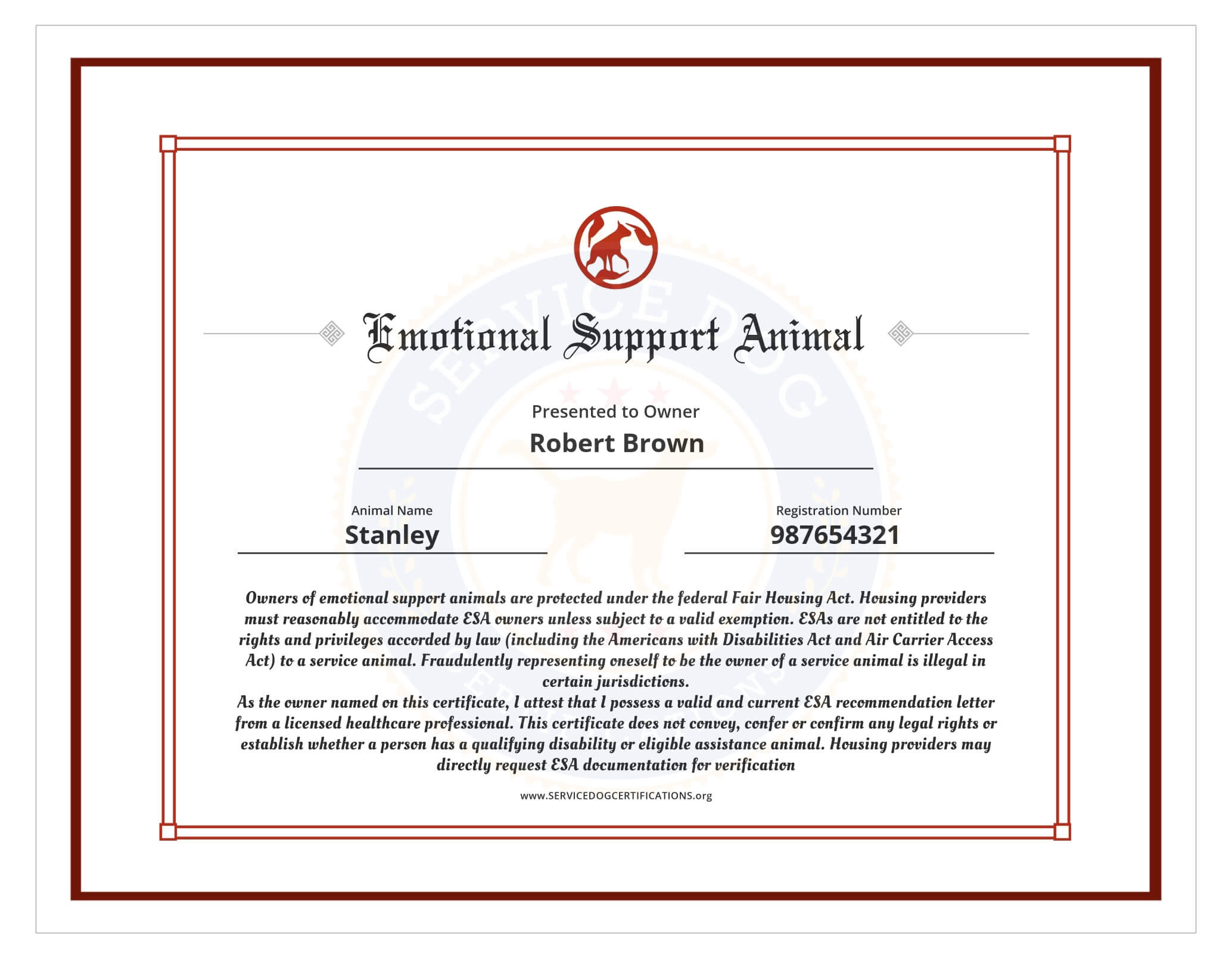 sample Emotional Support Animal Certificate template