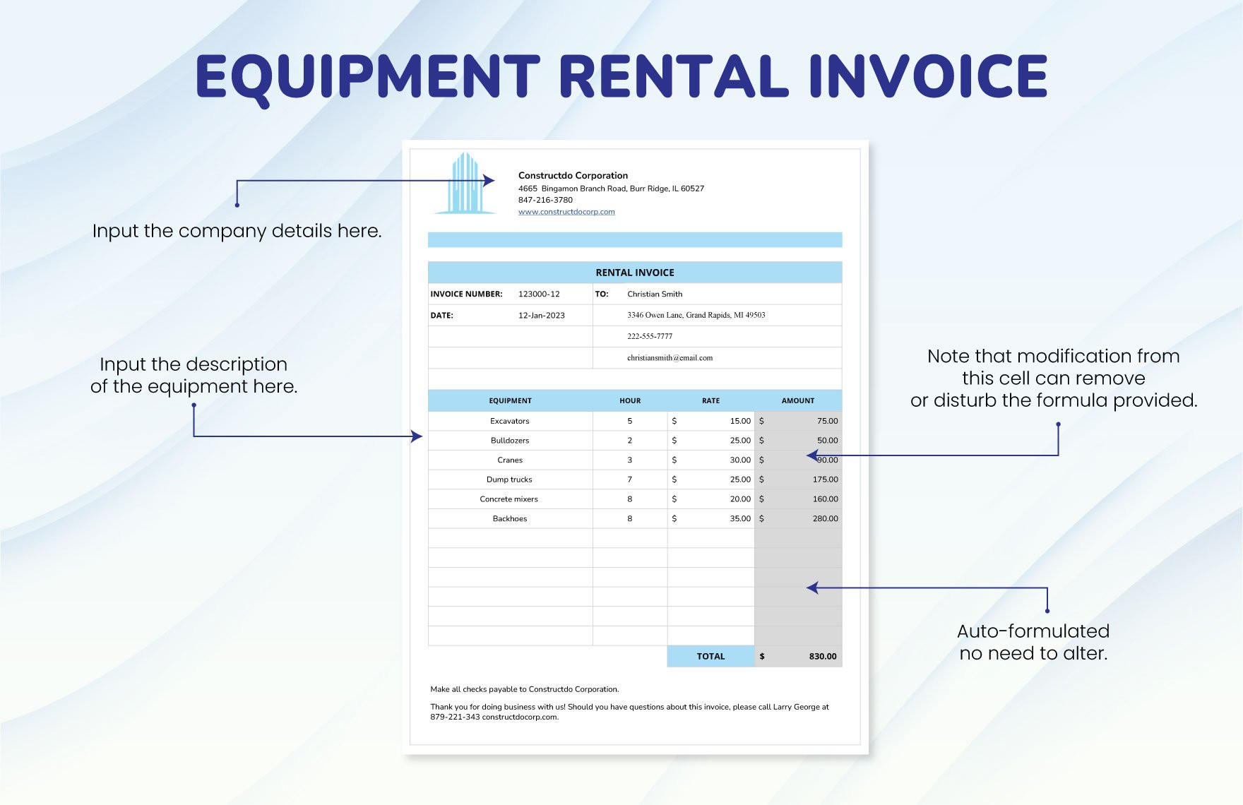 sample equipment rental invoice template