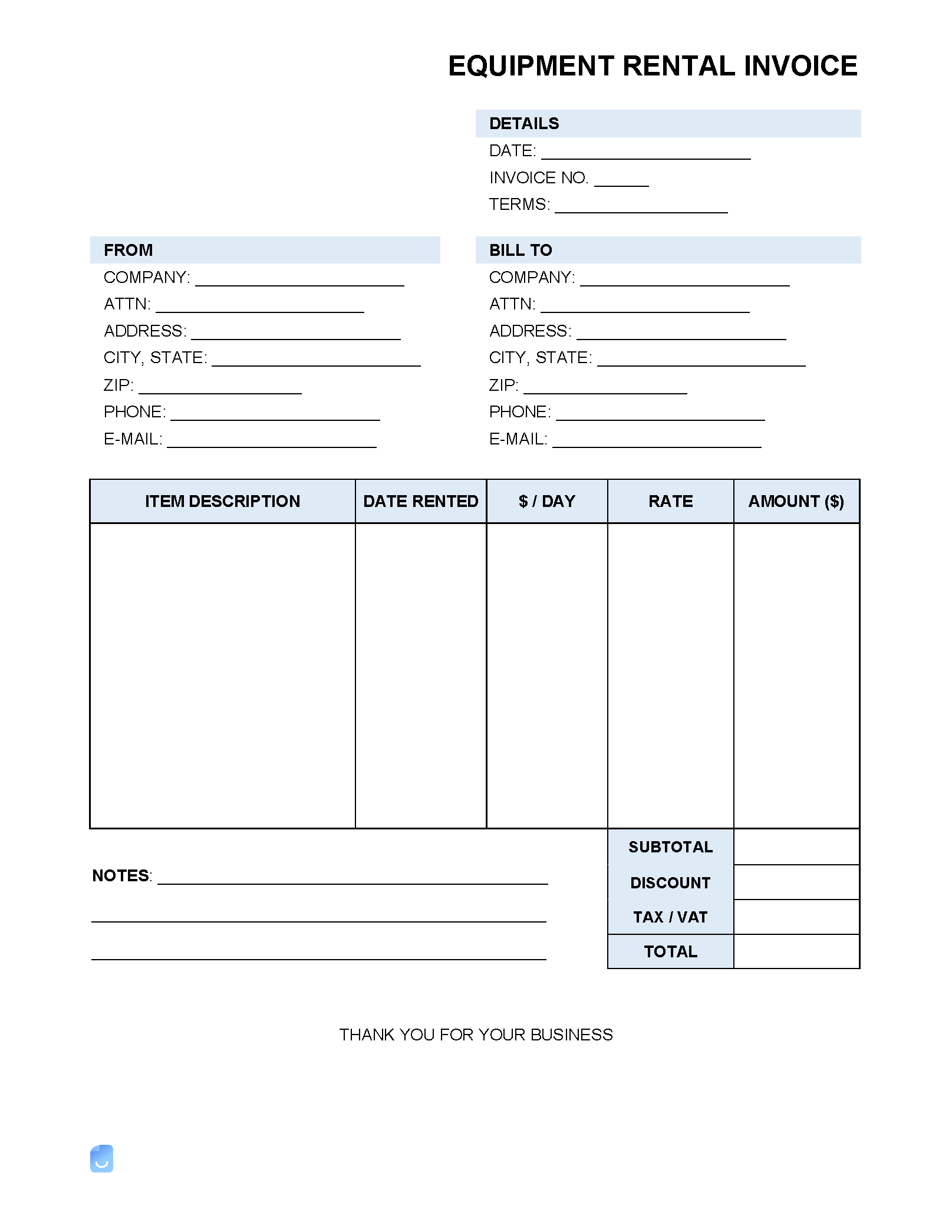 sample equipment rental invoice template