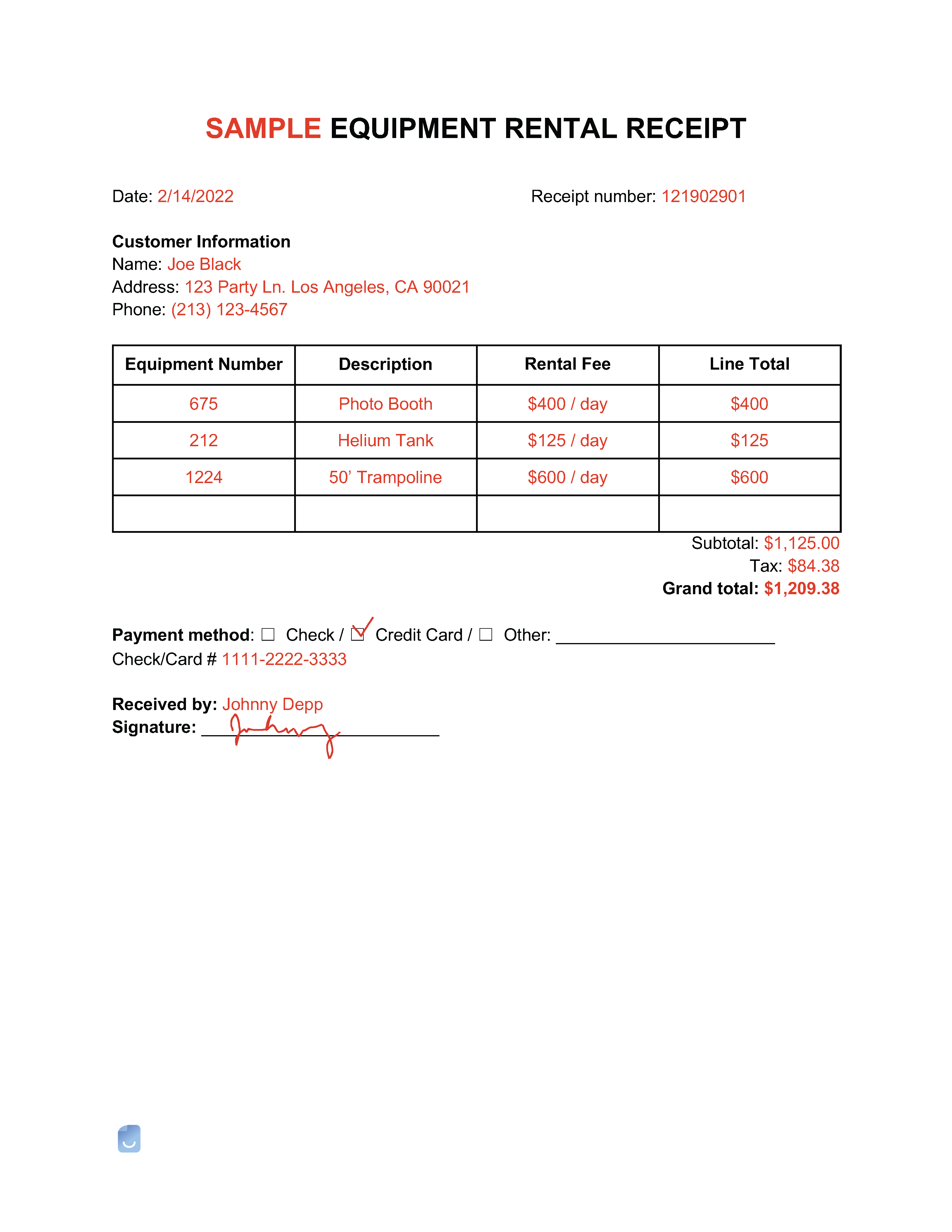 sample equipment rental invoice template