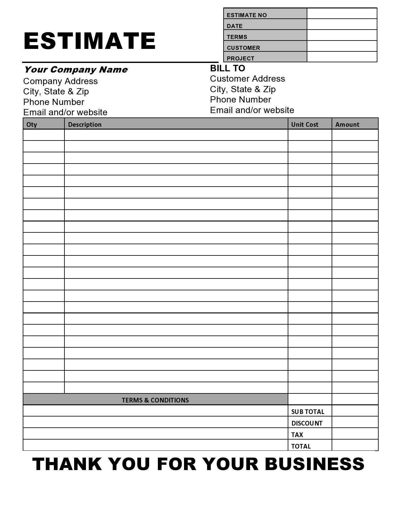 sample business estimate template