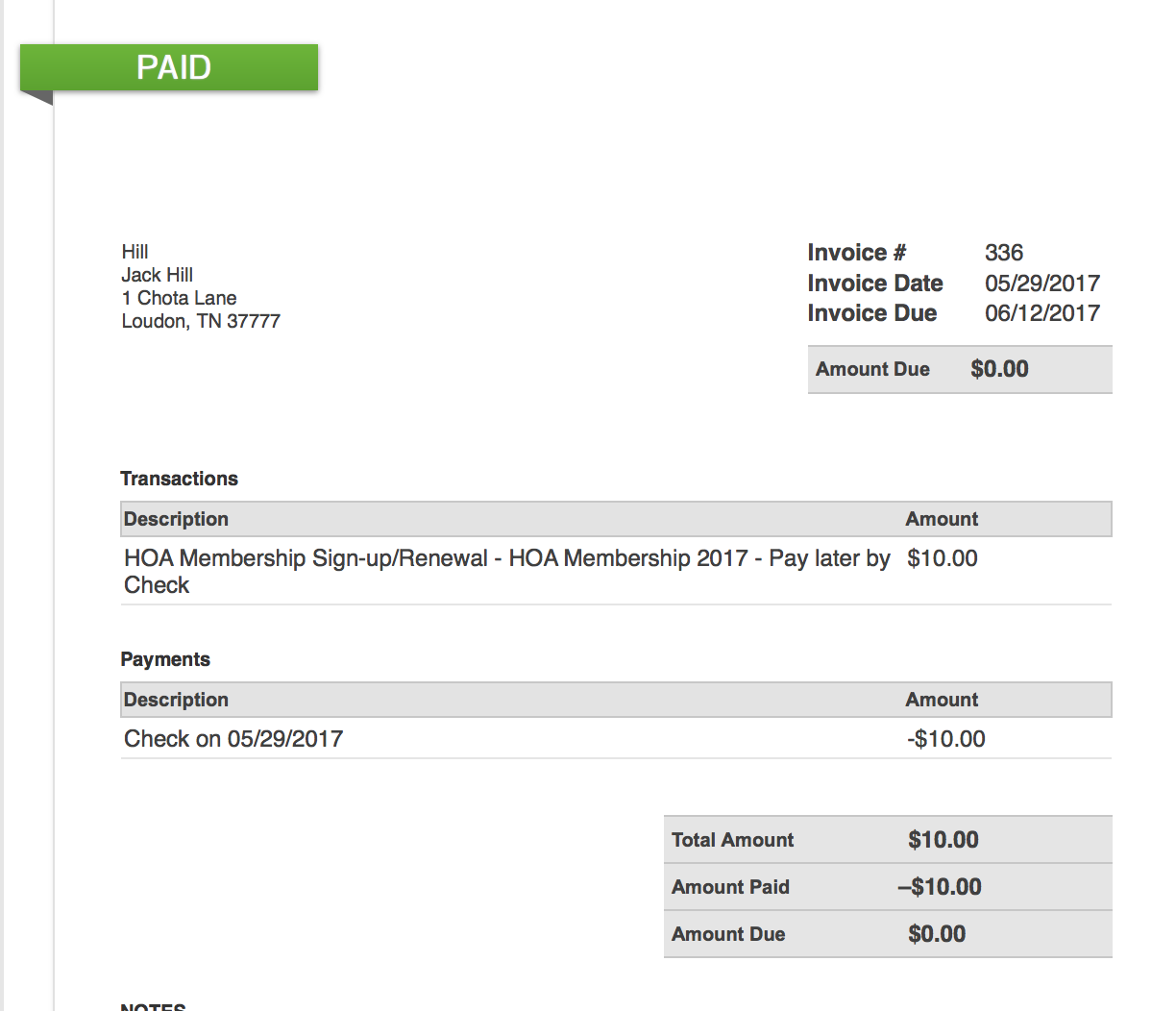 Printable Homeowners Association Dues Invoice Template