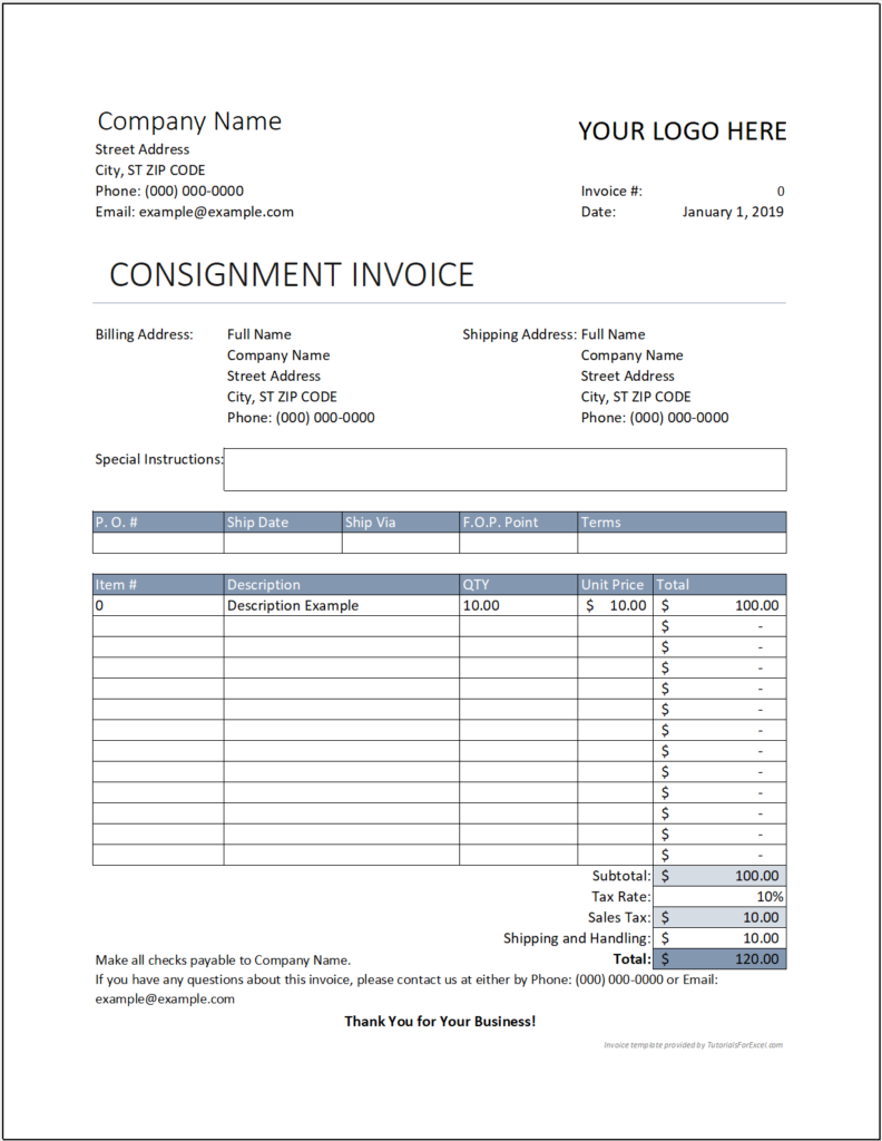 sample consignment invoice template