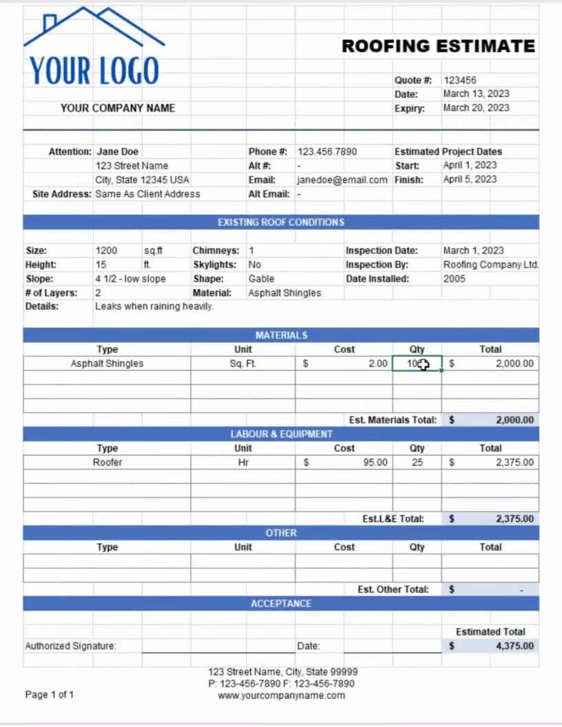 sample roof estimate template