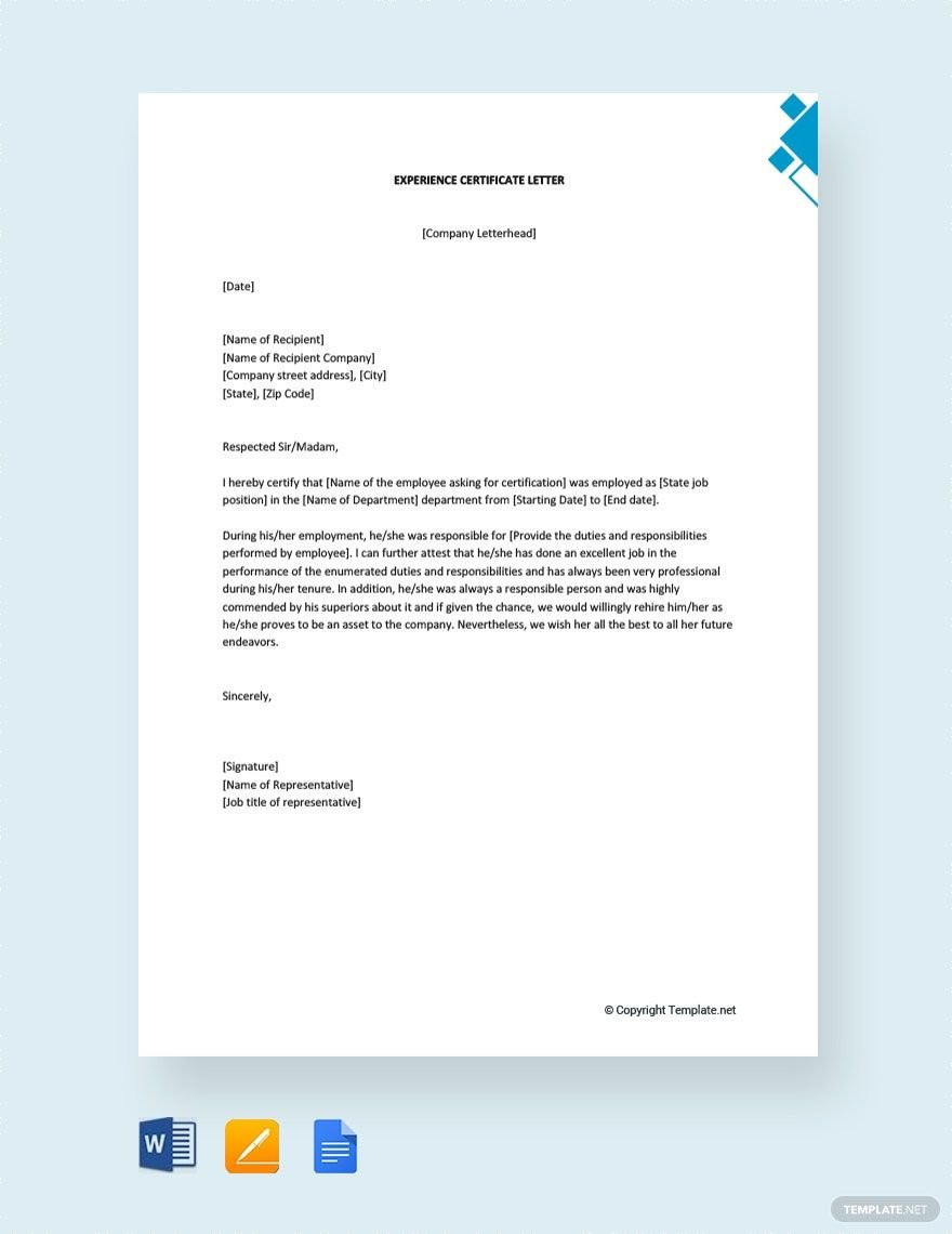 sample Work Experience Certificate template