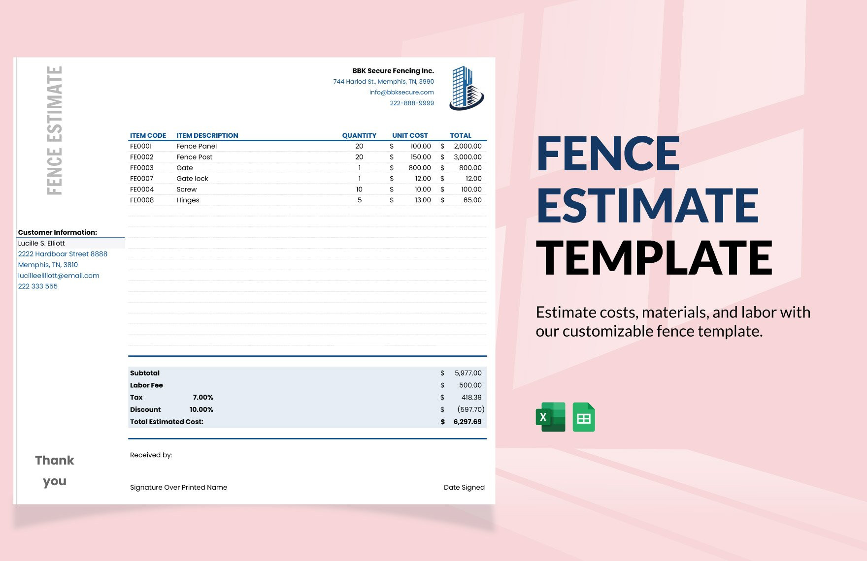 sample fence estimate template