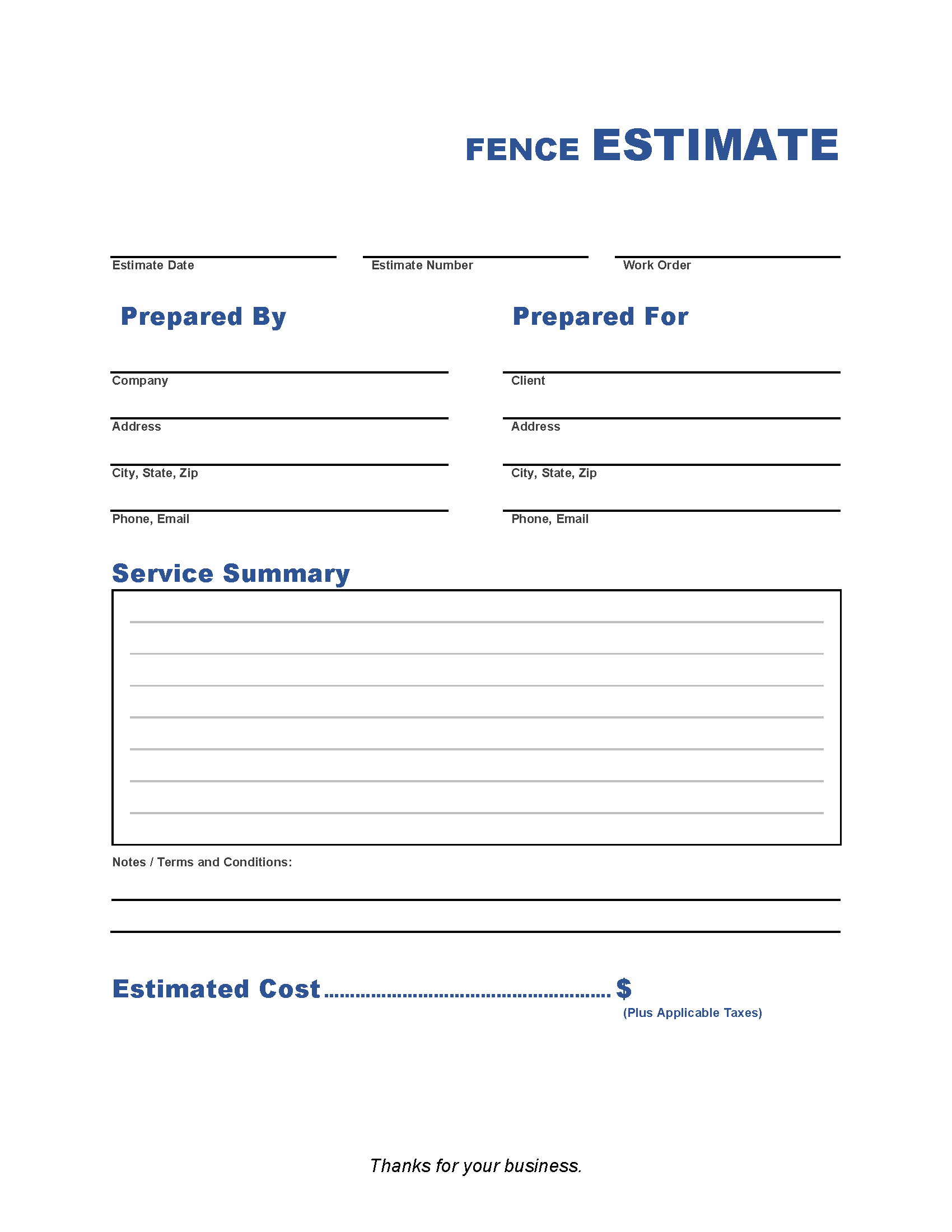 sample fence estimate template