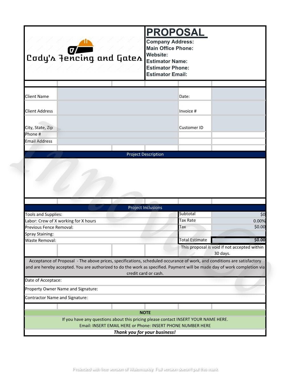 sample fence estimate template