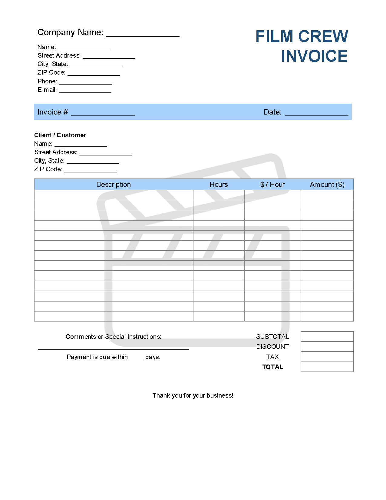 sample film invoice template