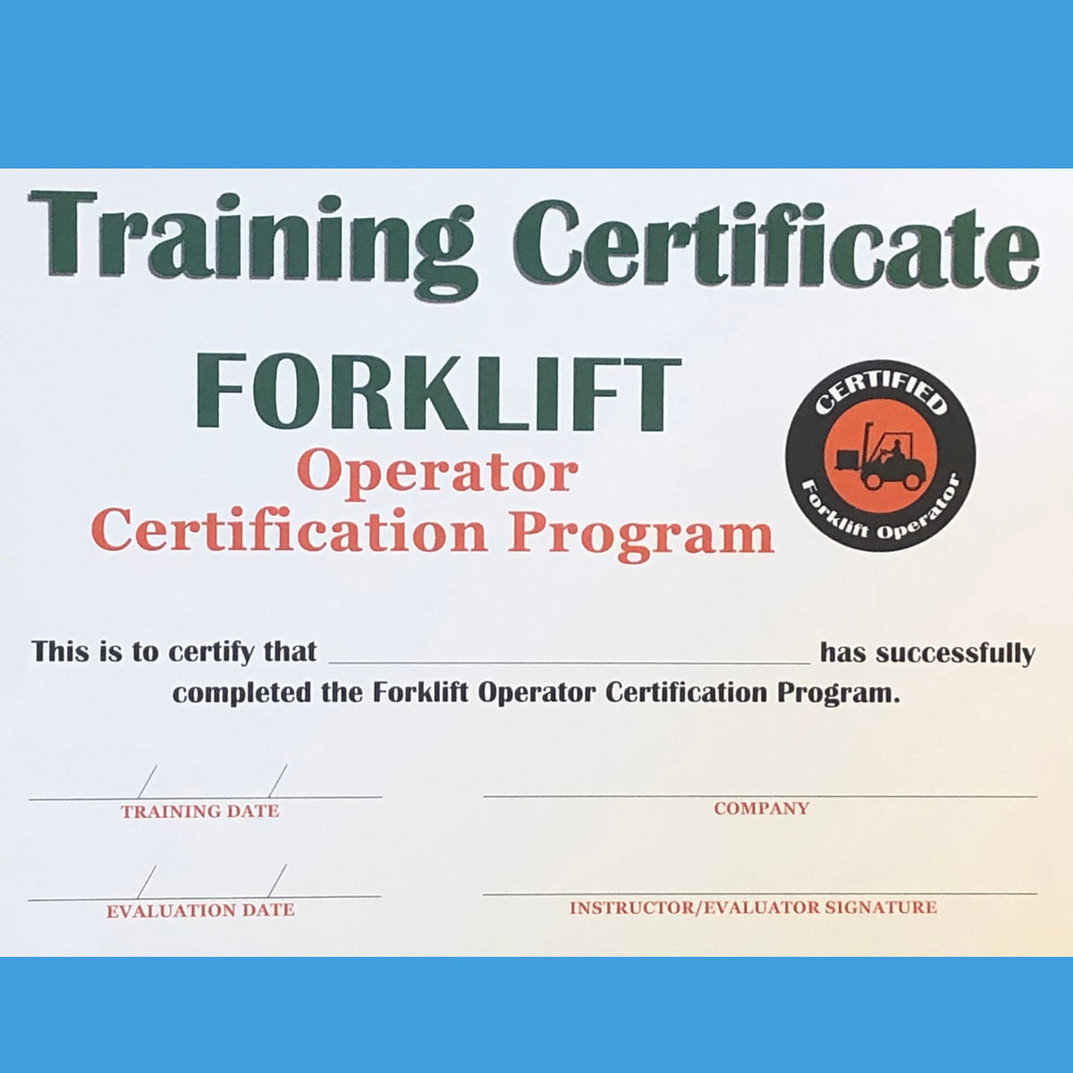 sample Forklift Certificate template