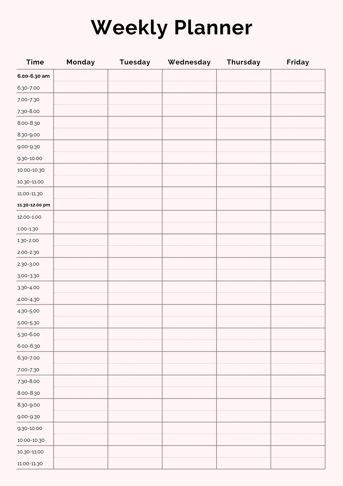 sample work weekly planner template