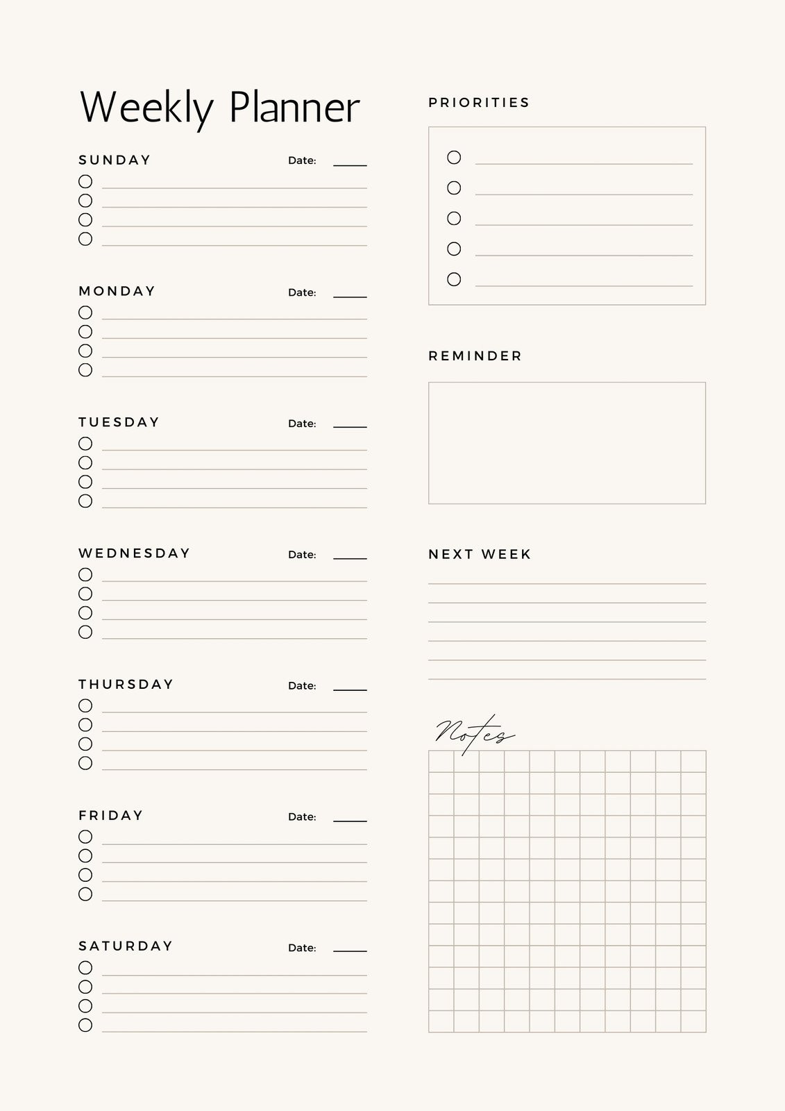 sample weekly planning template