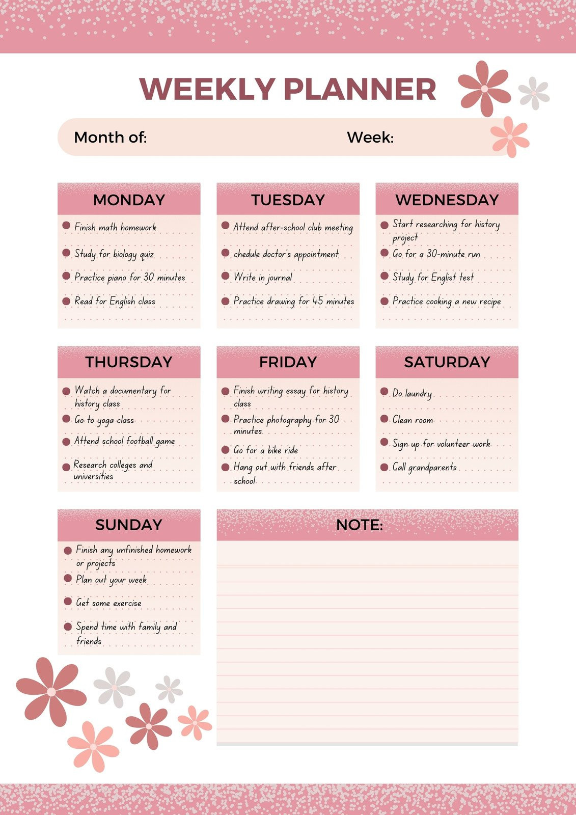 sample weekly planning template