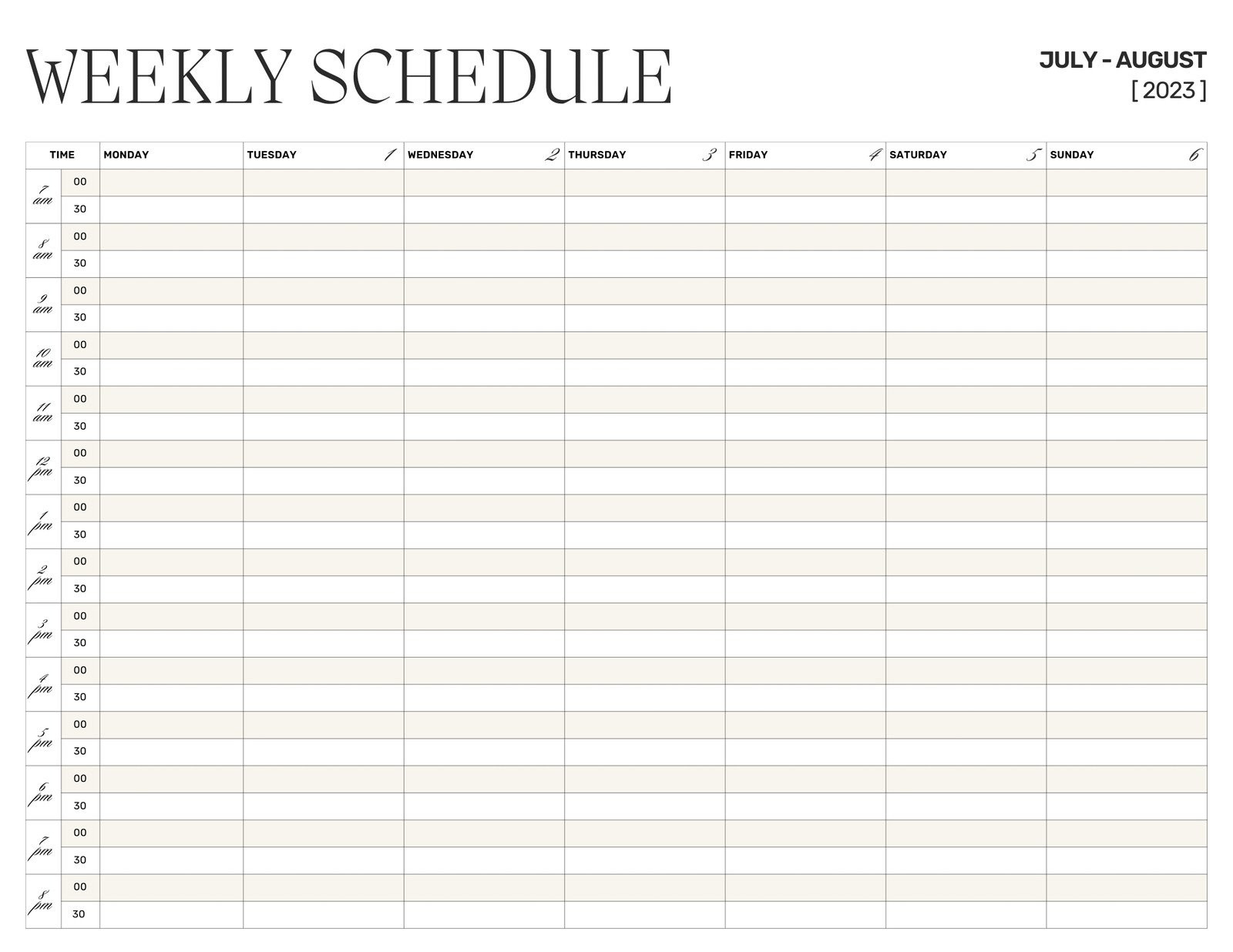 sample weekly planning template