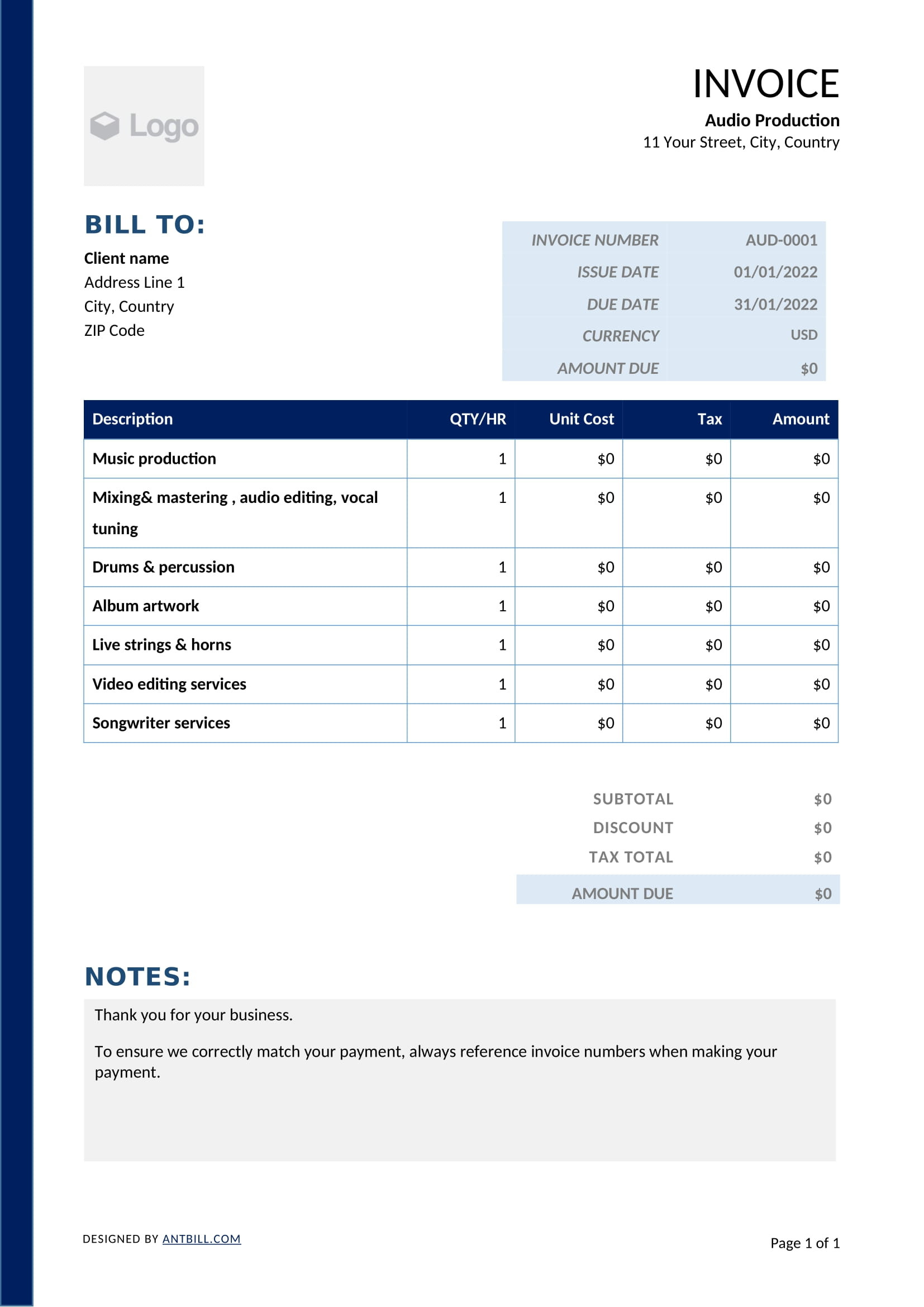 sample audio engineer invoice template