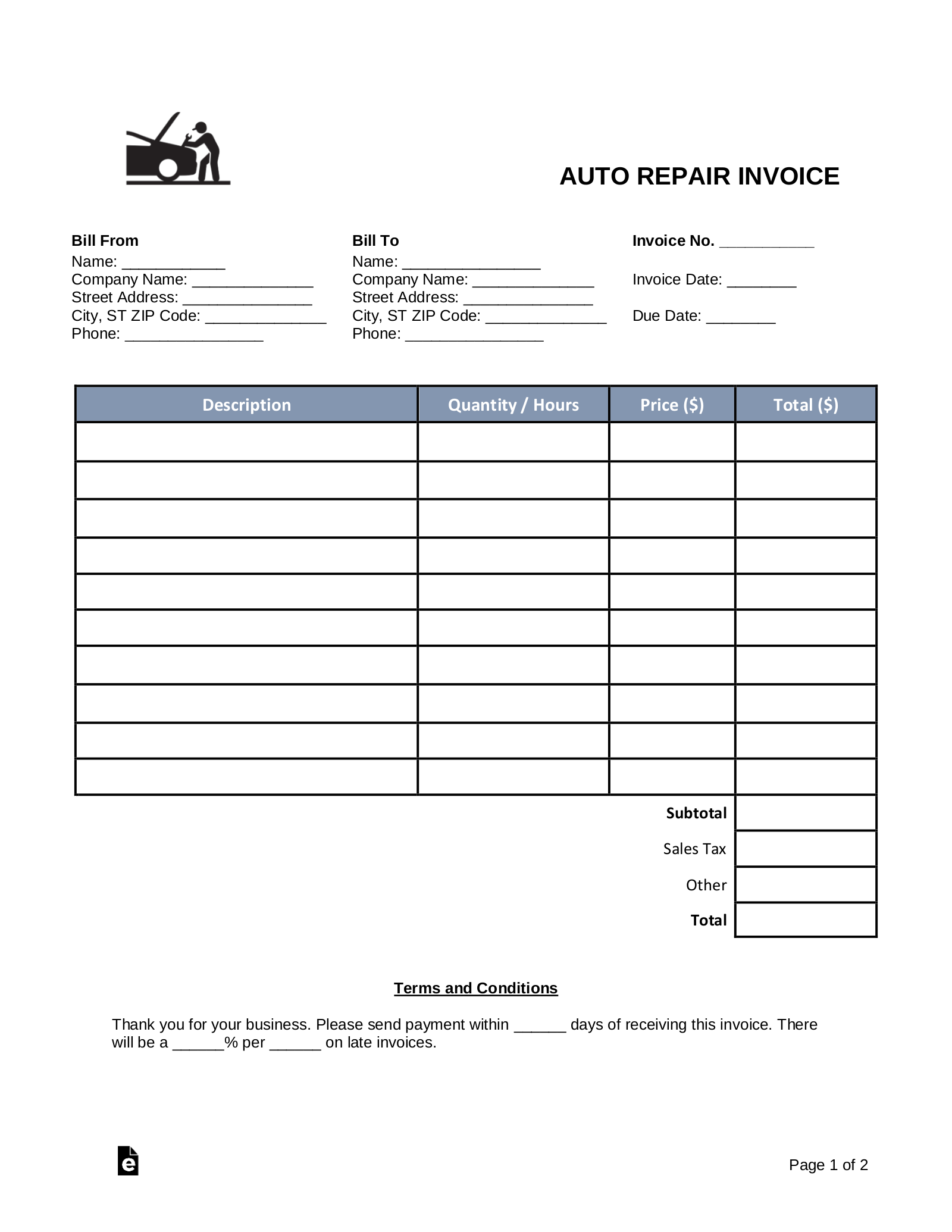 mechanic shop invoice template