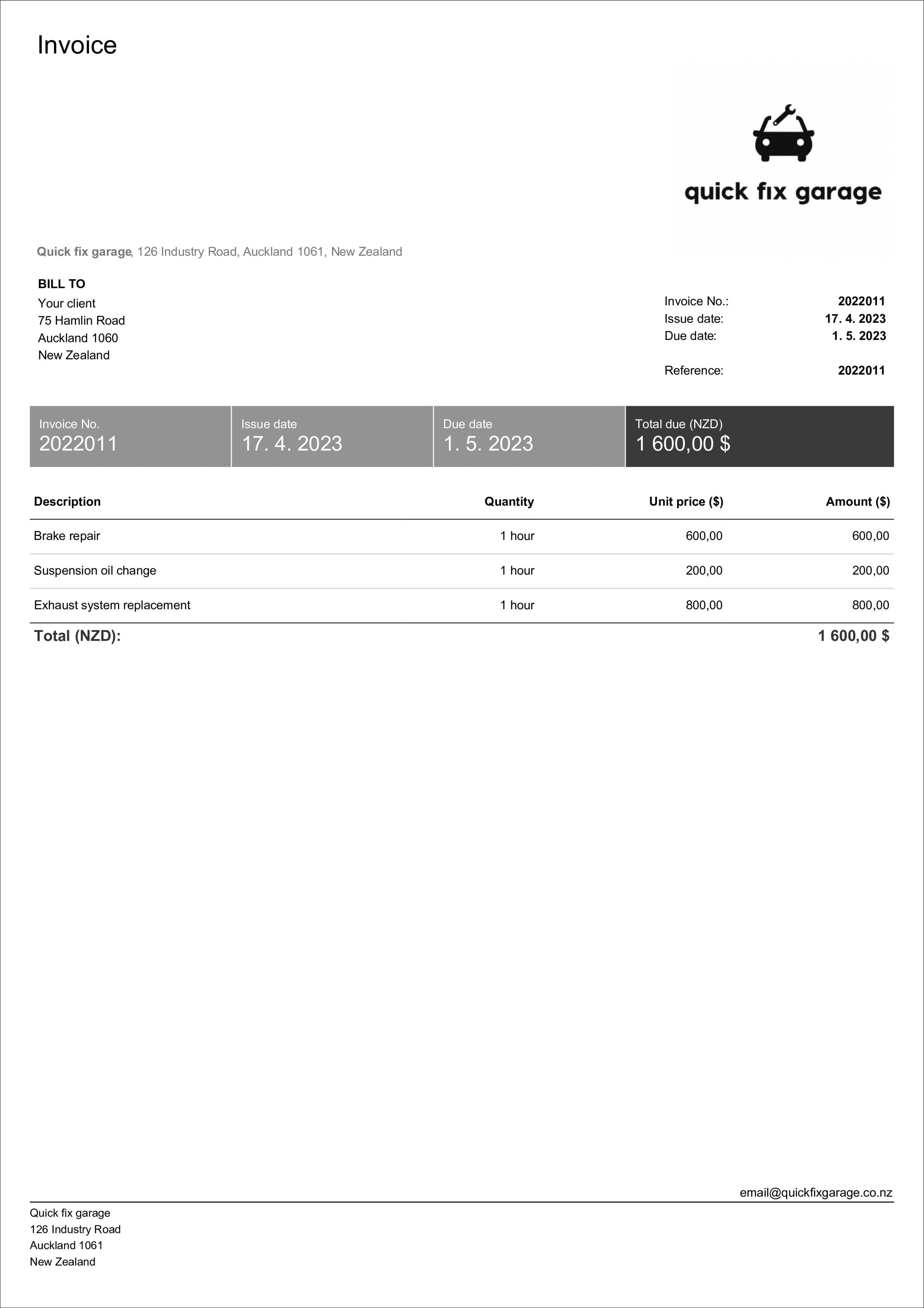 mechanic invoice template