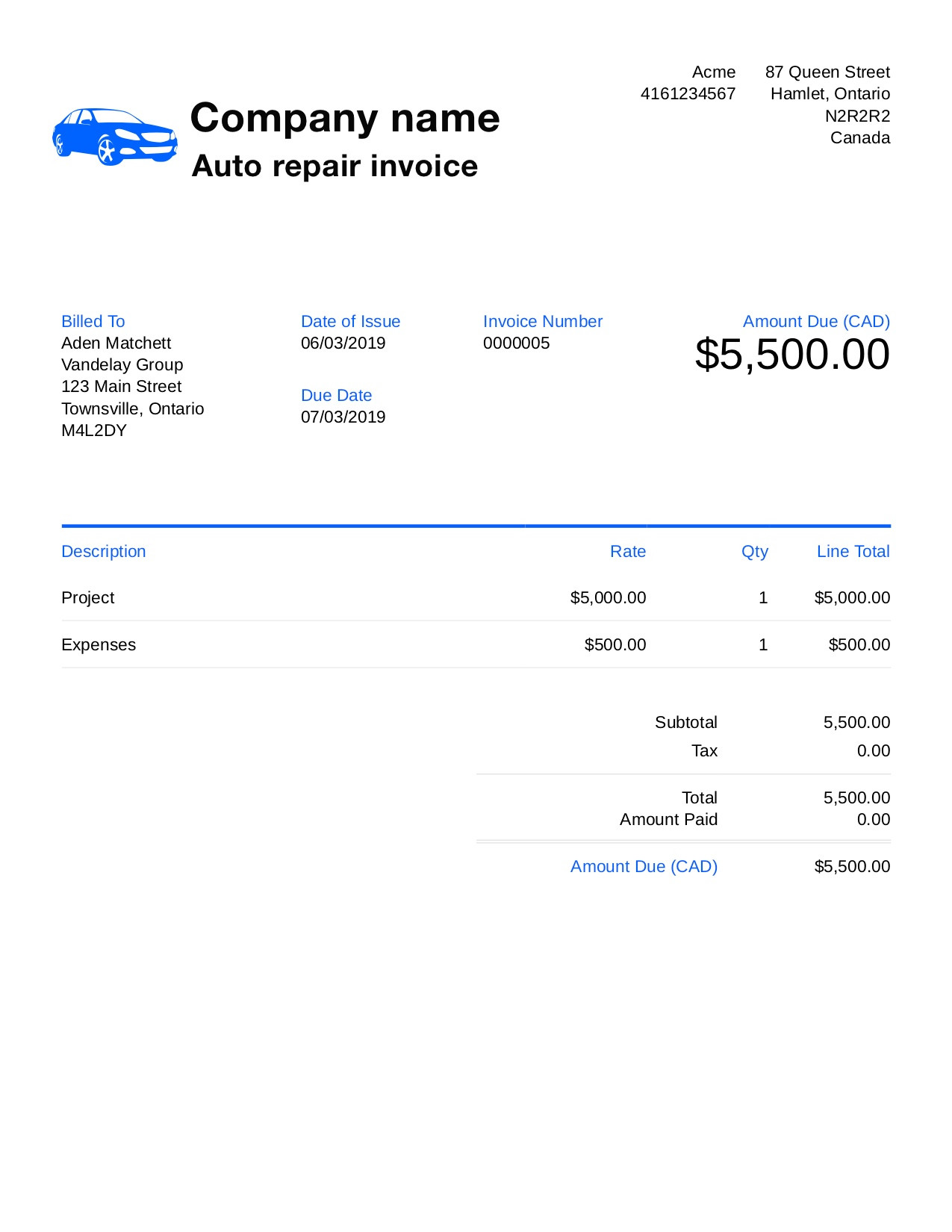 sample auto repair invoice template