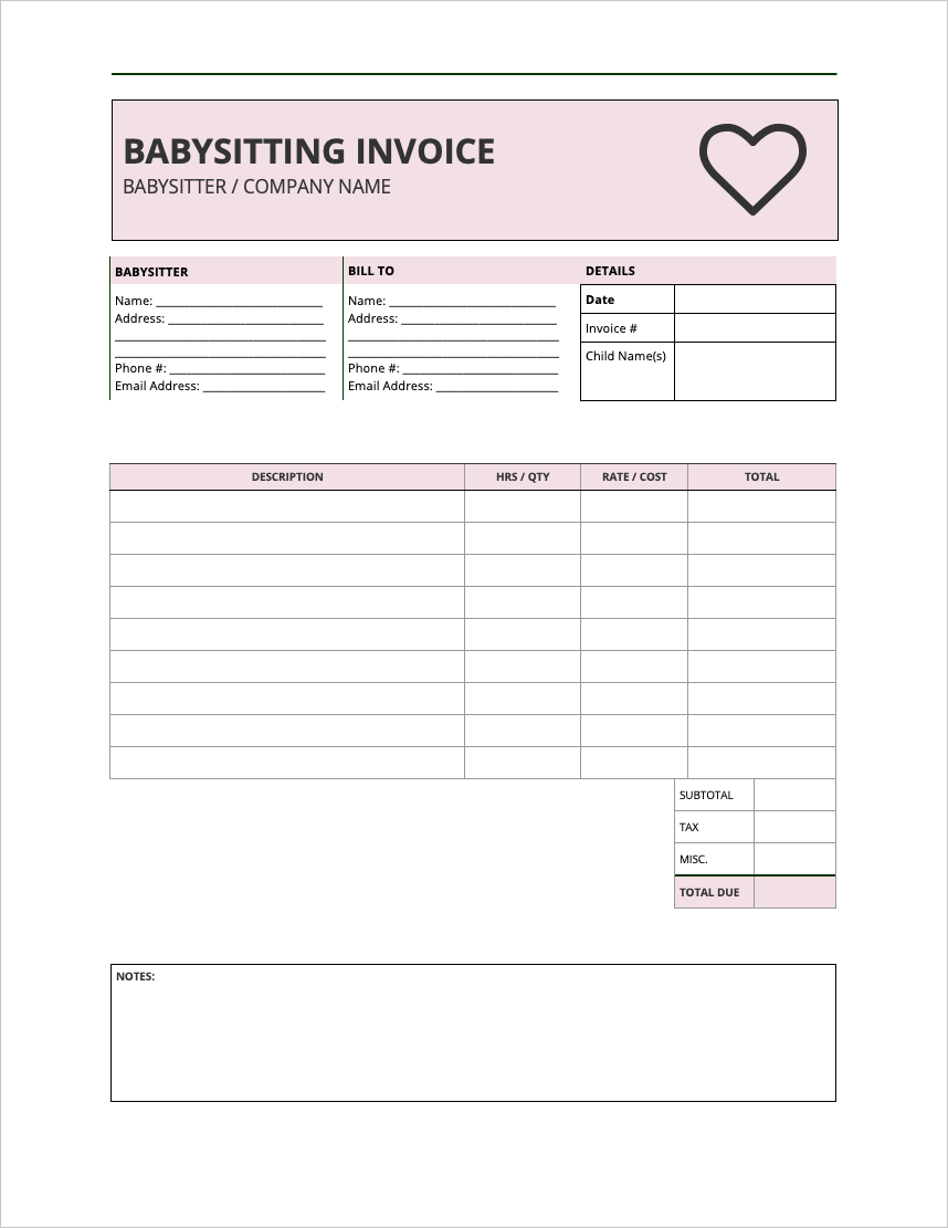 sample babysitting invoice template