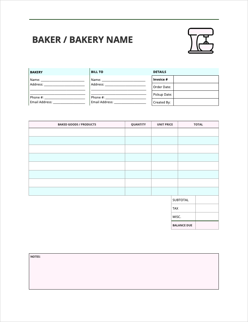 sample invoice for bakery template