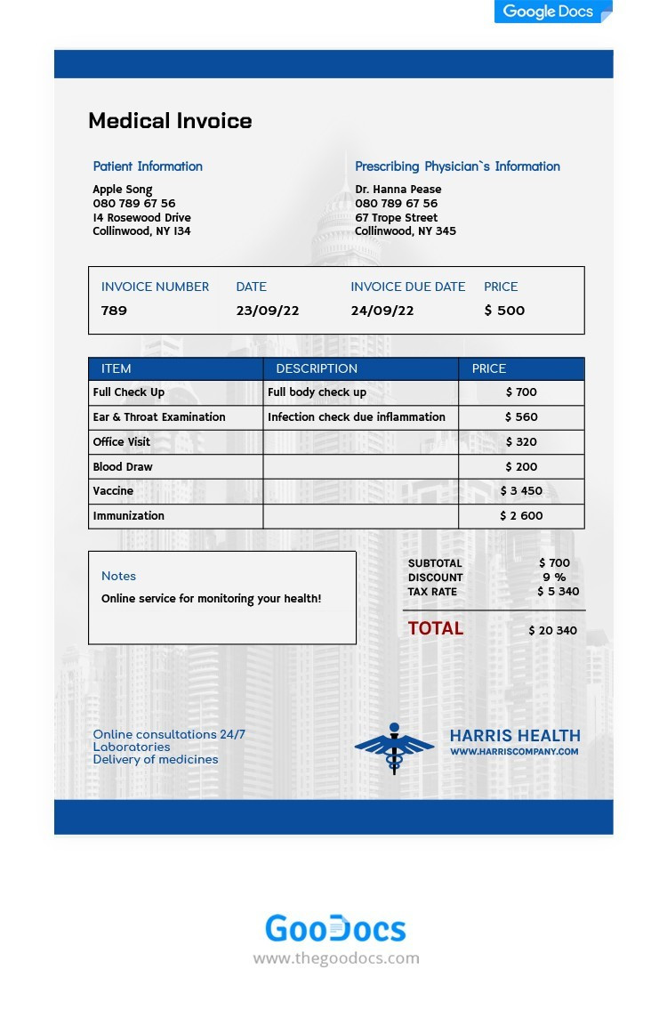 sample medical invoice template