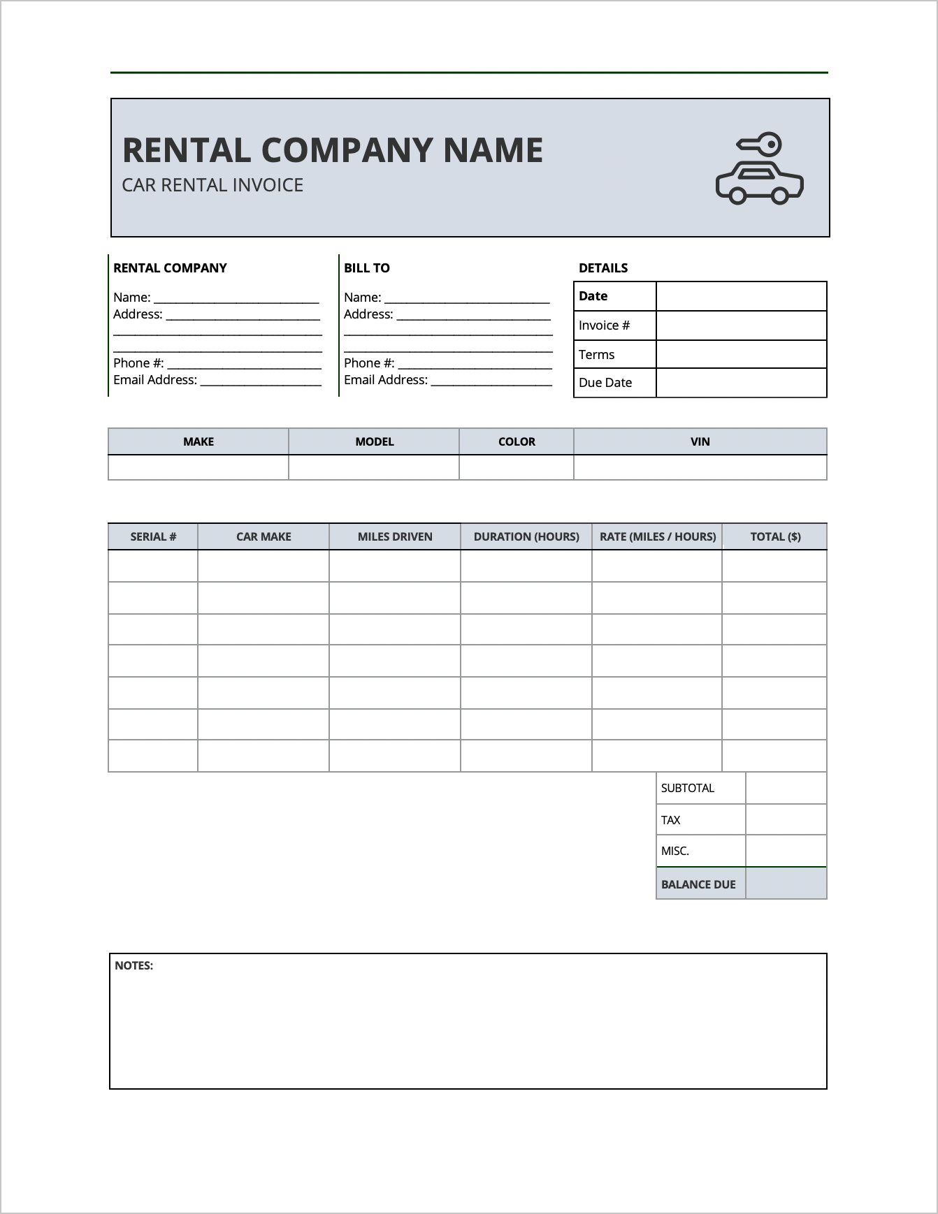 rent a car invoice template