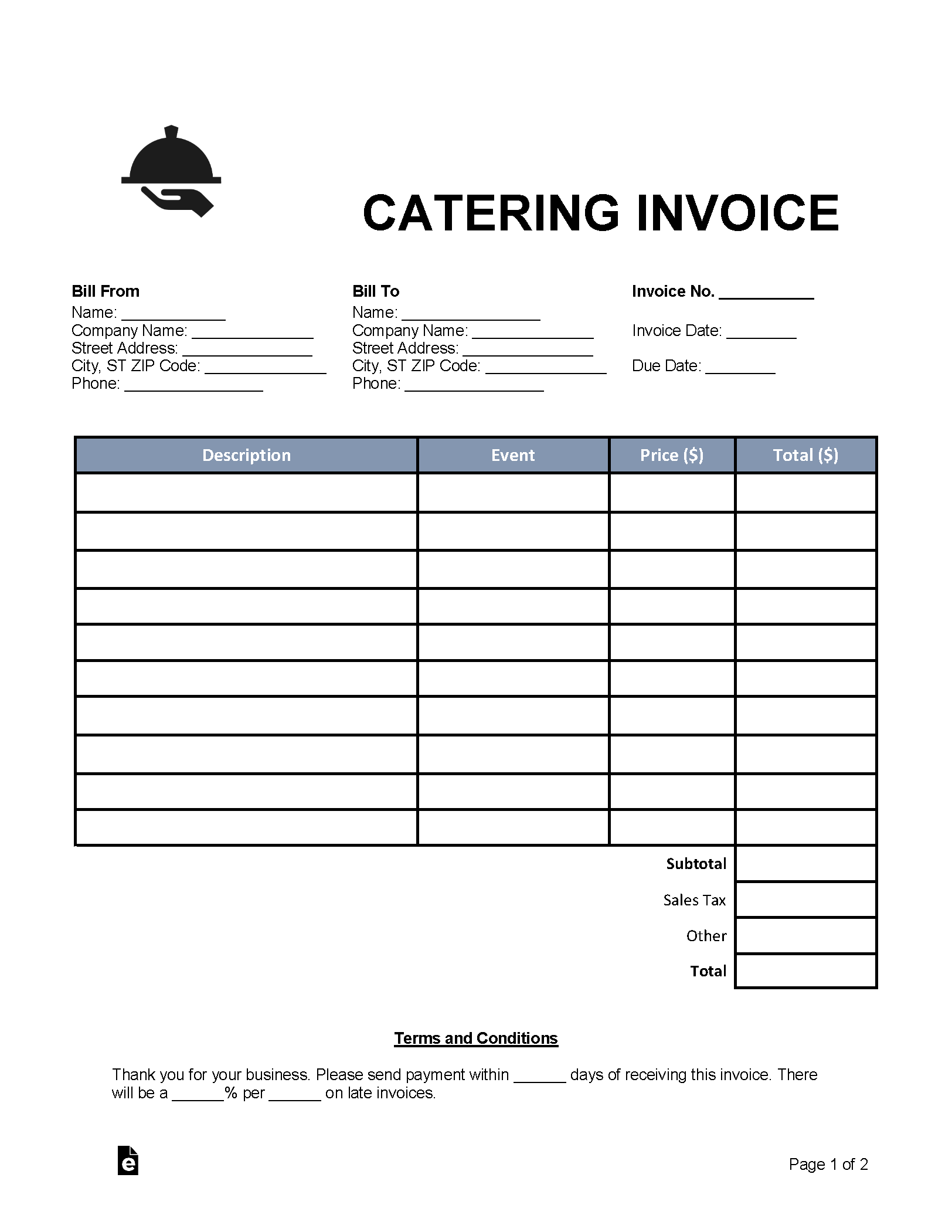 sample catering service invoice template